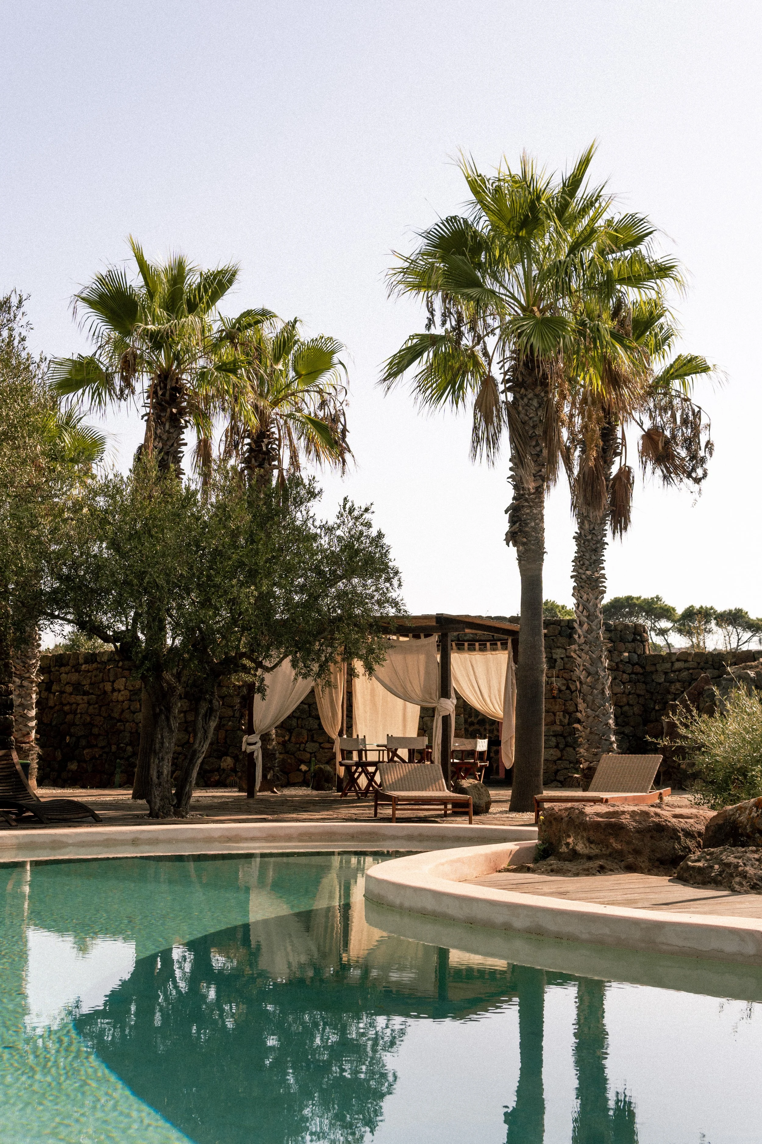 Piscina con palme, tavolo da pranzo con tende di tessuto in una zona relax all'aperto.