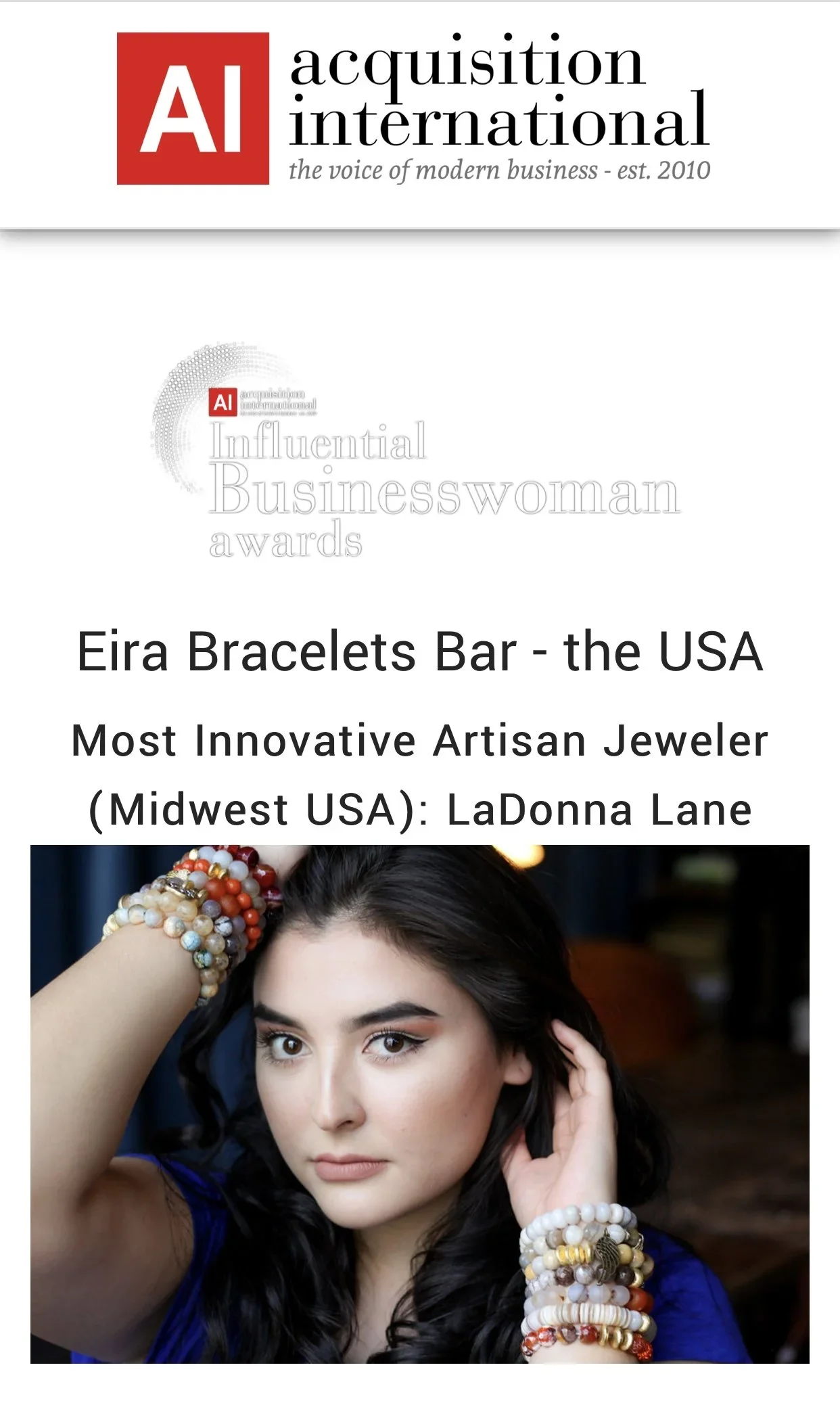 Cover of an award announcement featuring a young woman with dark hair wearing multiple colorful bracelets on her wrists, promoting Eira Bracelets Bar, the USA, Most Innovative Artisan Jeweler.