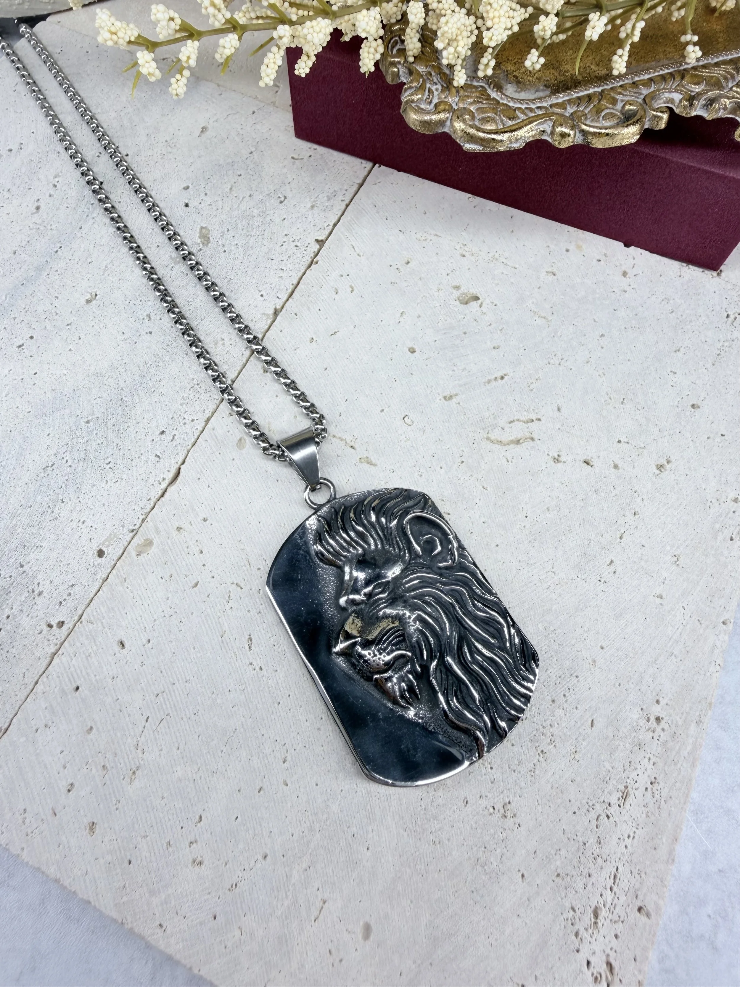 Lion Head Pendant Dog Tag Necklace