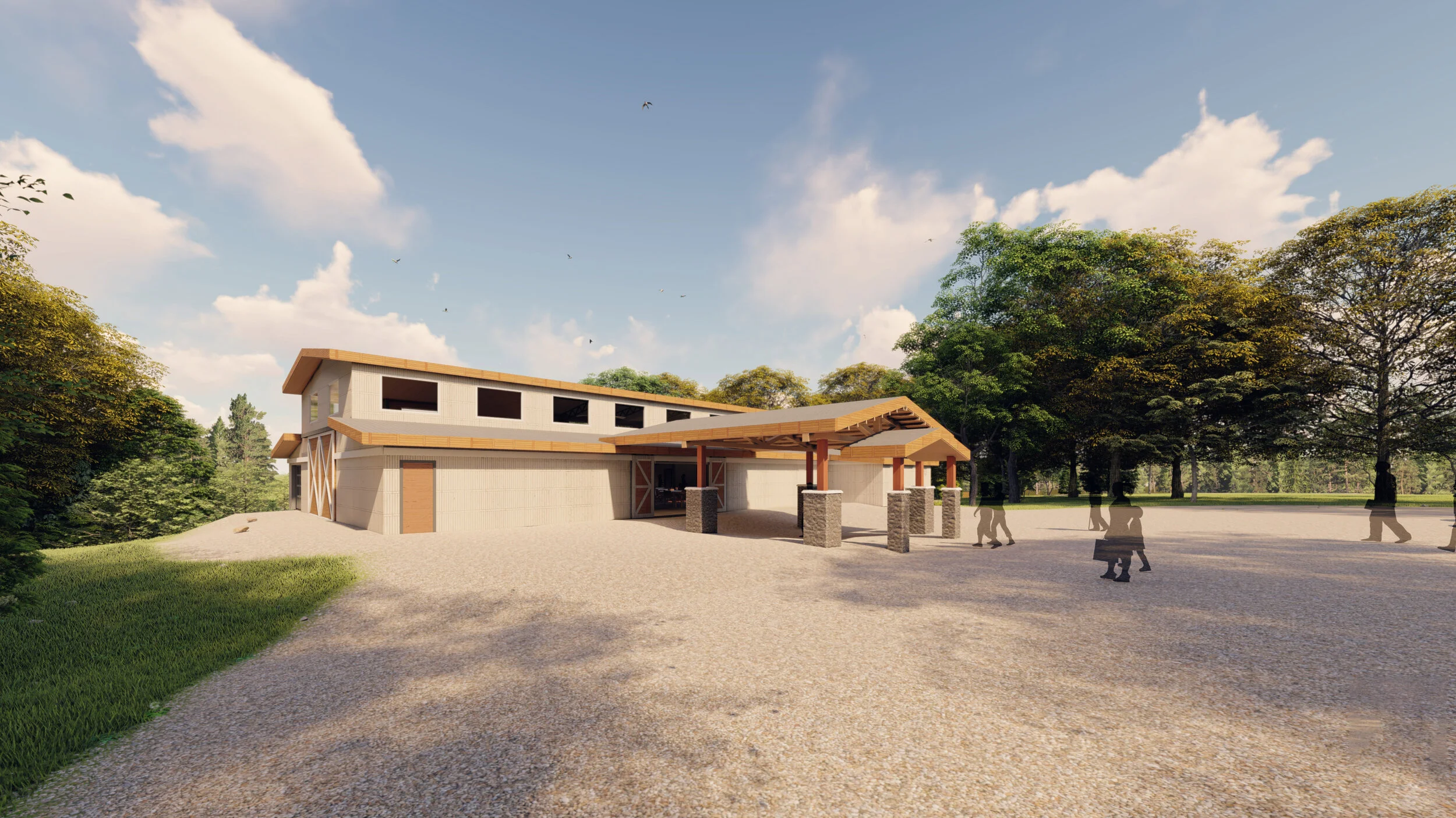 A modern building with wooden accents and a large covered entrance, surrounded by trees and open space.