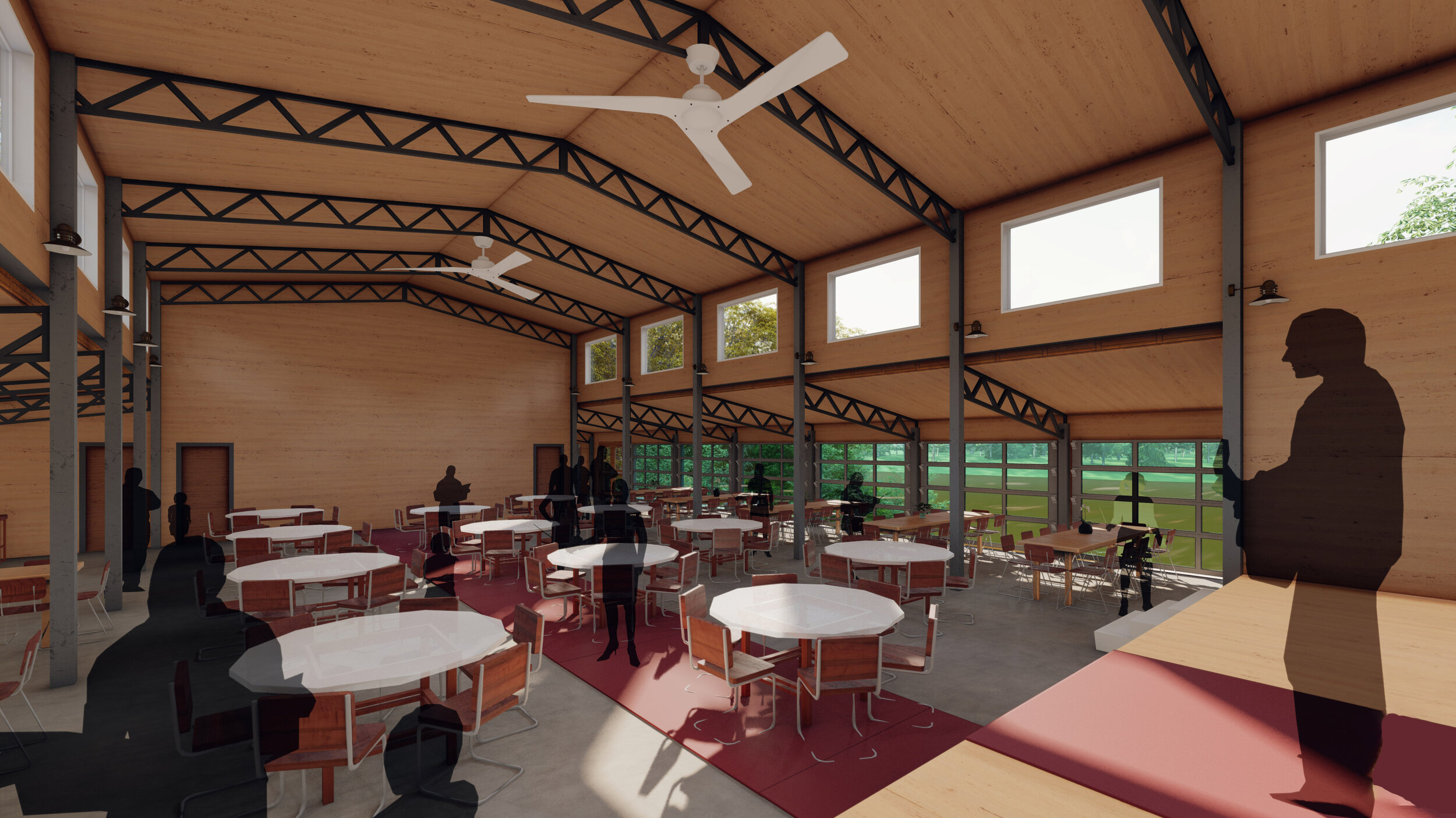 Interior rendering of a spacious, modern dining hall with high wooden ceilings, large windows, and several silhouettes of people standing and sitting, some engaged in conversations.