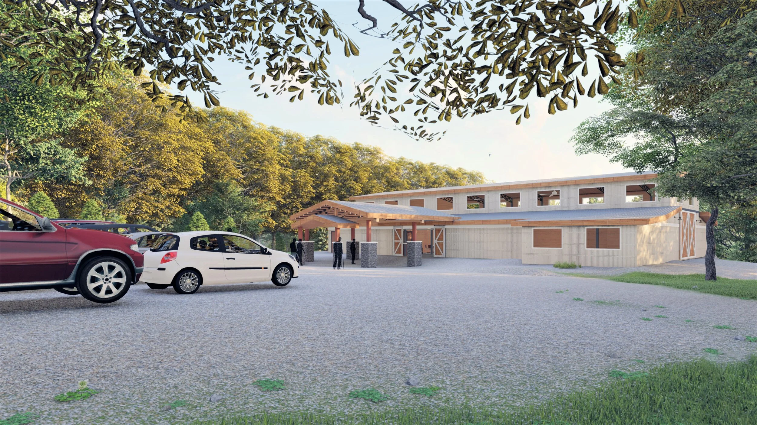 Design rendering of a modern, low-rise building with an outdoor covered entrance, surrounded by trees and a gravel parking lot with parked cars, during daytime.
