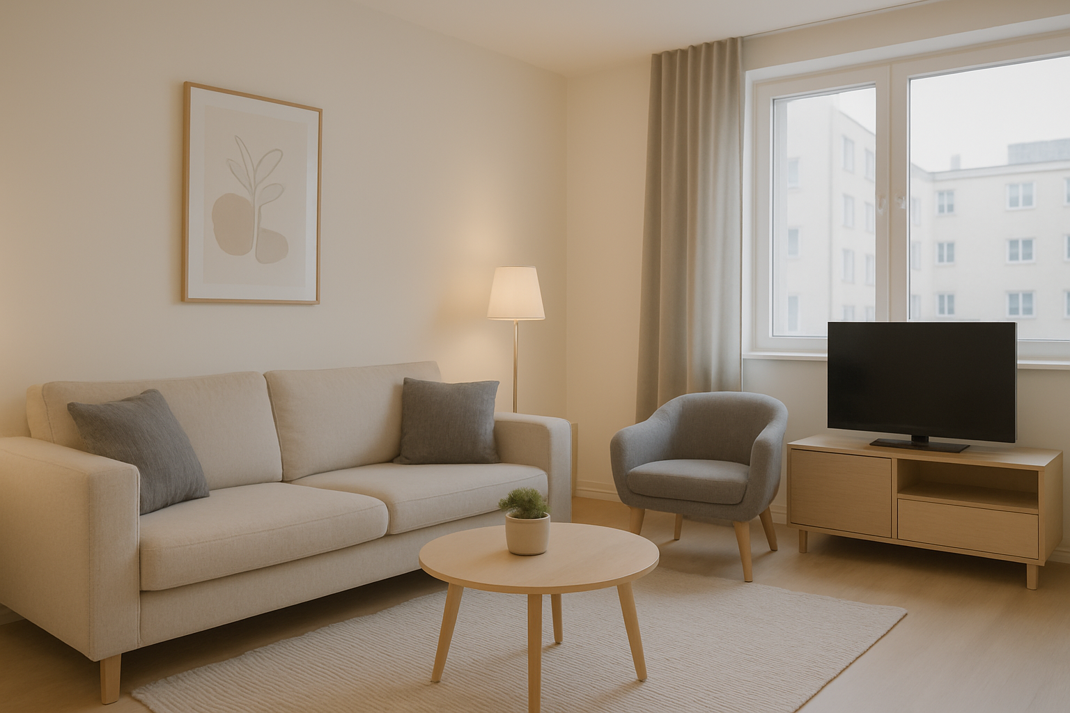 Living room with beige sofa, gray armchair, wooden coffee table with small plant, flat-screen TV on wooden stand, window with curtains, art on wall, and a floor lamp.