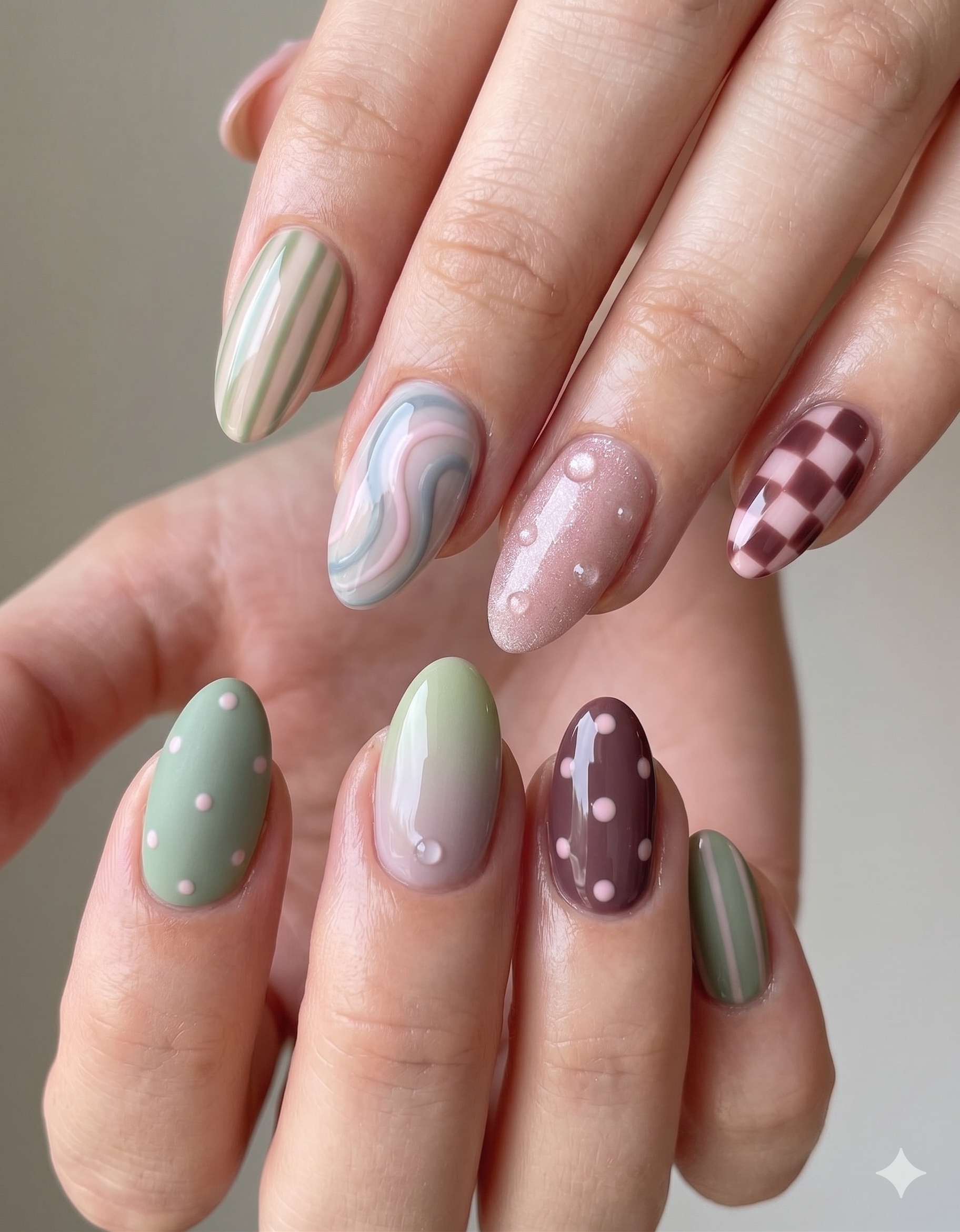 Nahaufnahme von fünf Fingernägeln mit verschiedenen bunten Nagellackdesigns, darunter Streifen, Wellen, Polka Dots, Checkered Muster und Pastellfarben.