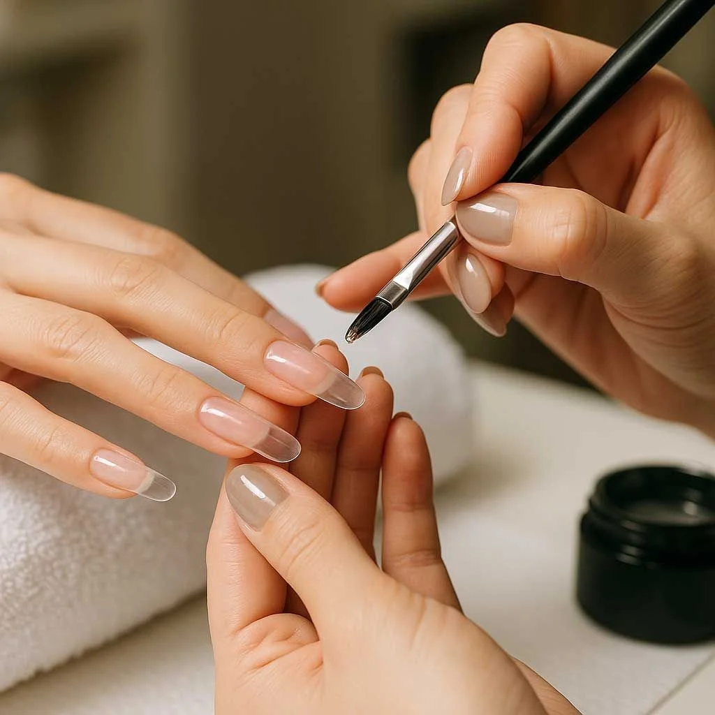 Nägel werden professionell gemacht, ein Nagelstudio mit Pinsel und Lack