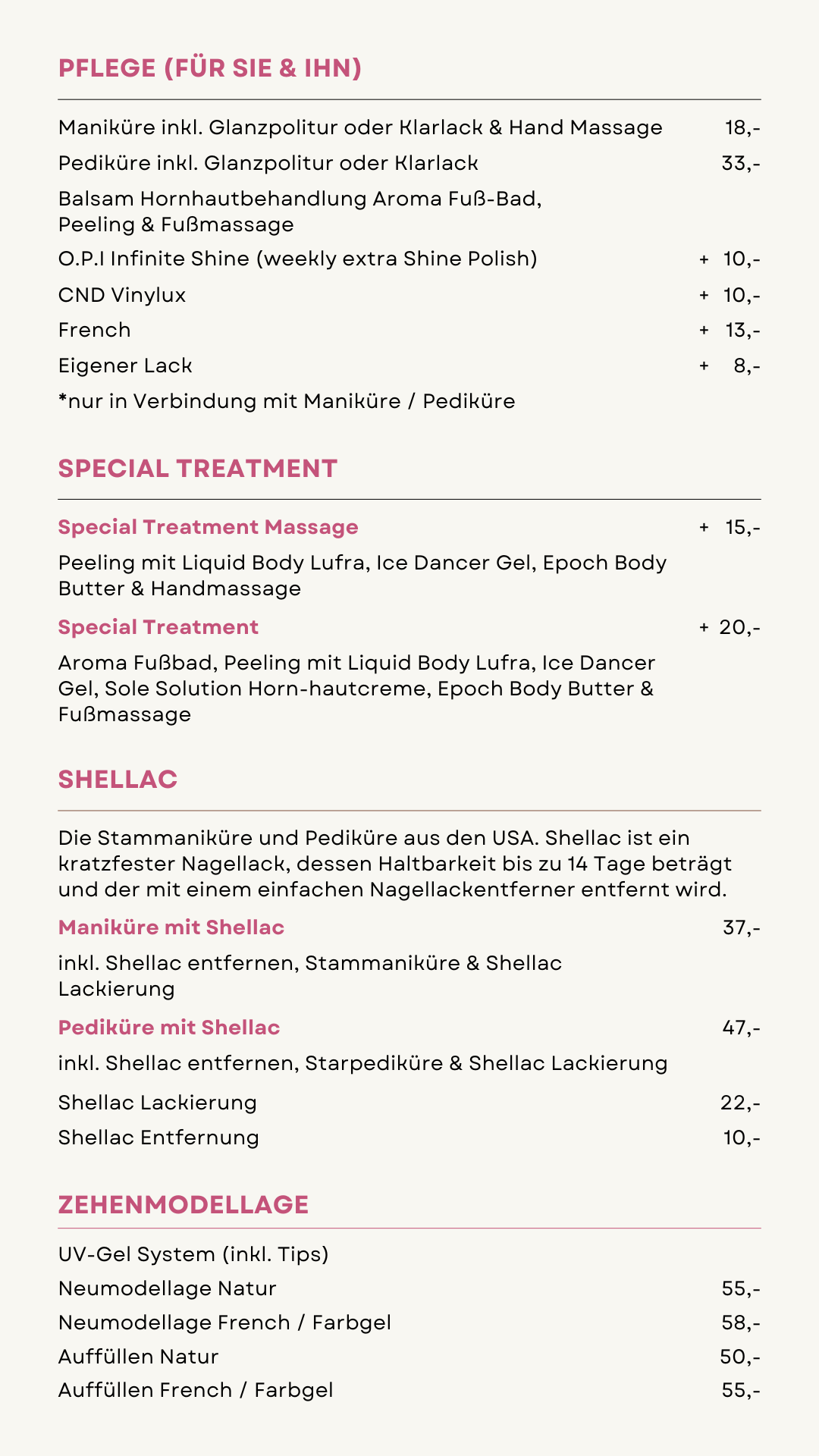 Preisliste für Kosmetik- und Nageldienstleistungen mit Abschnitten für Pflege, Spezialbehandlungen, Shellac und Zehennagelmodellage.