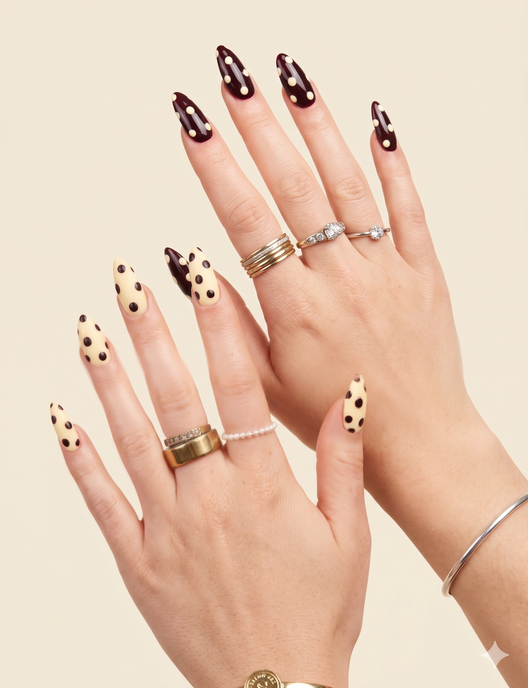 Nahaufnahme von zwei Händen mit mehreren Ringen und gepolsterten, lackierten Fingernägeln in Schwarz und Weiß mit Punkten, vor hellem Hintergrund.