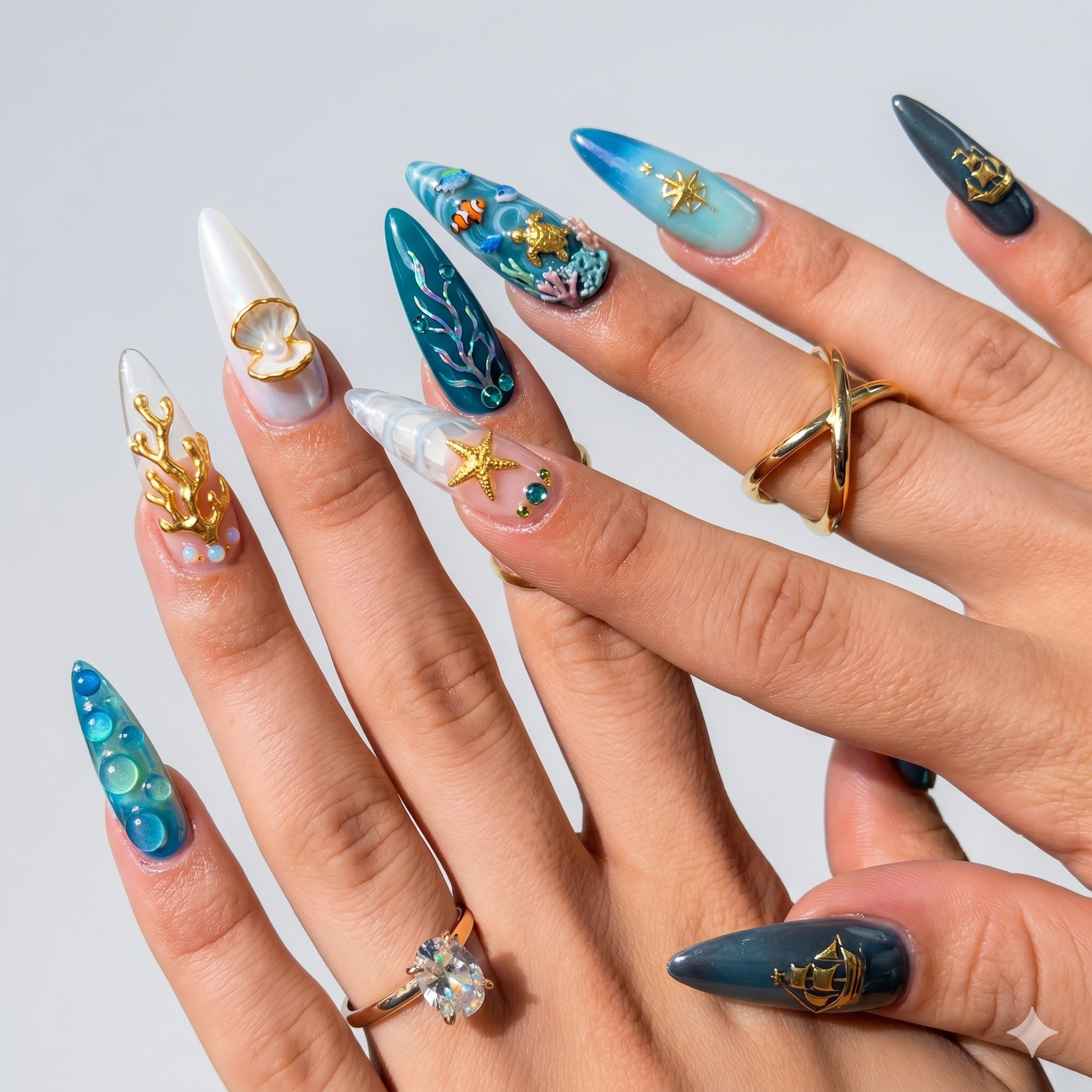 Nahaufnahme von Fingernägeln mit aufwendig gestaltetem Glitzer-Nageldesign, dekoriert mit Meerjungfrau- und Naturmotiven, sowie Schmuckringen.
