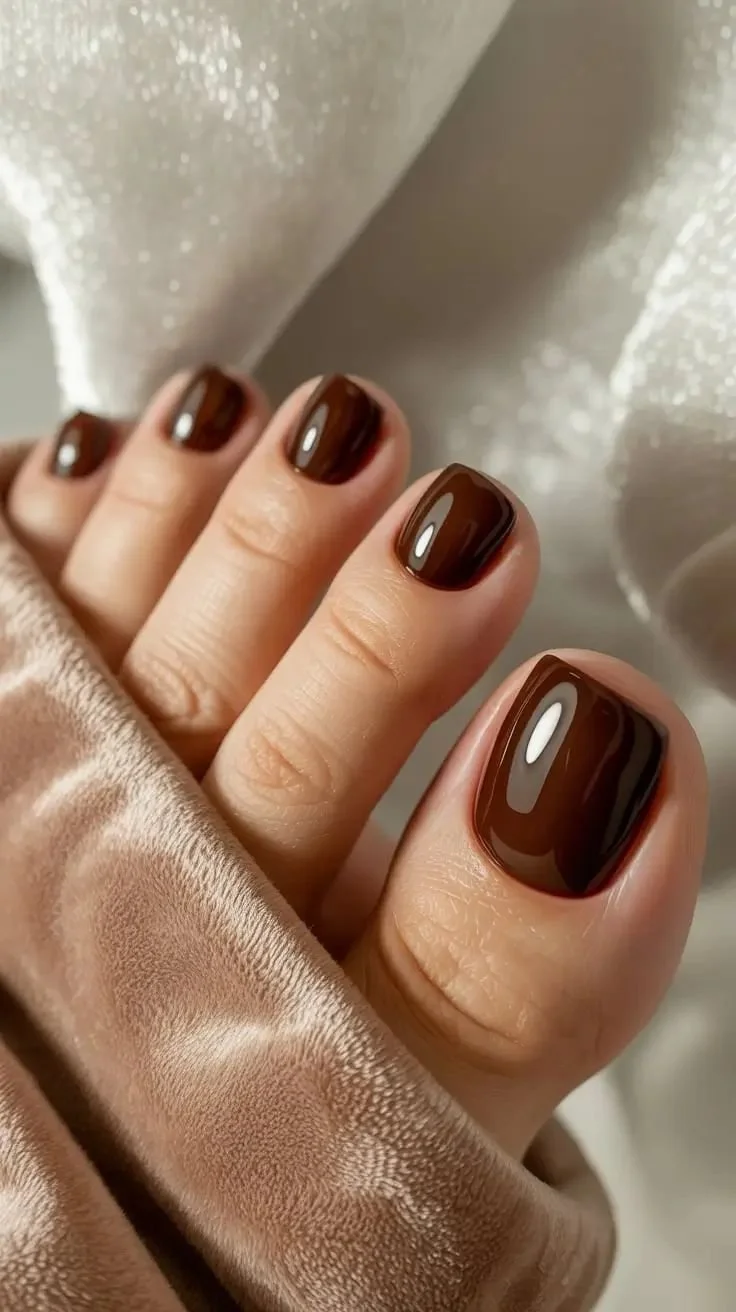 Nahaufnahme von fünf Fingernägeln mit braunem, glänzendem Nagellack, vor silbernem, glitzerndem Hintergrund.
