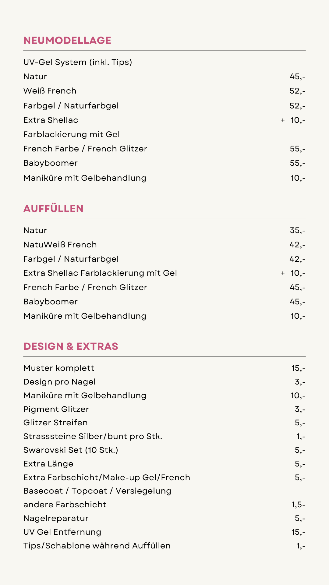 Preisliste für Nageldesigns und -pflege, einschließlich verschiedener Nagellackfarben, Designs und Extras, auf Deutsch.