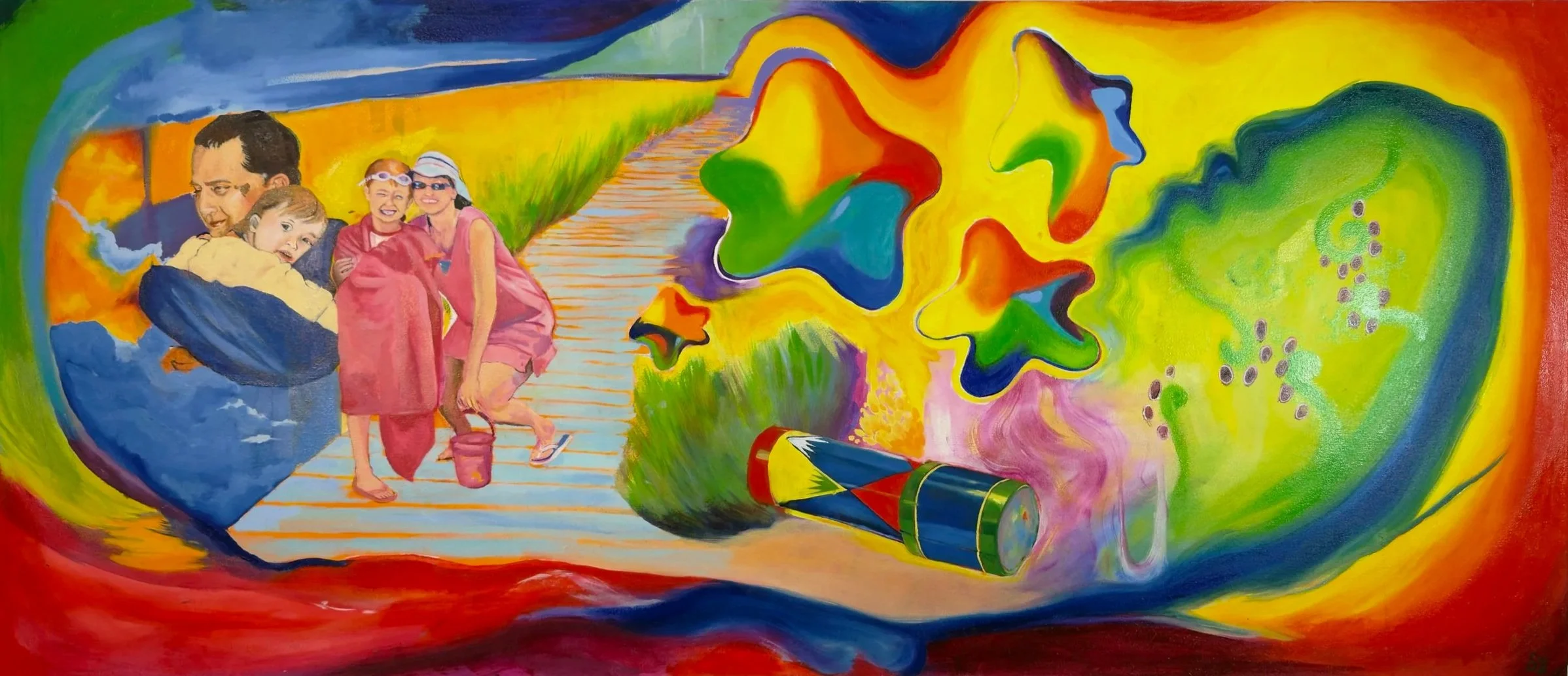 Colorful mural depicting a man and children on a wooden pier, with abstract shapes, star-like figures, and a rolled paper telescope in vibrant colors surrounding them.