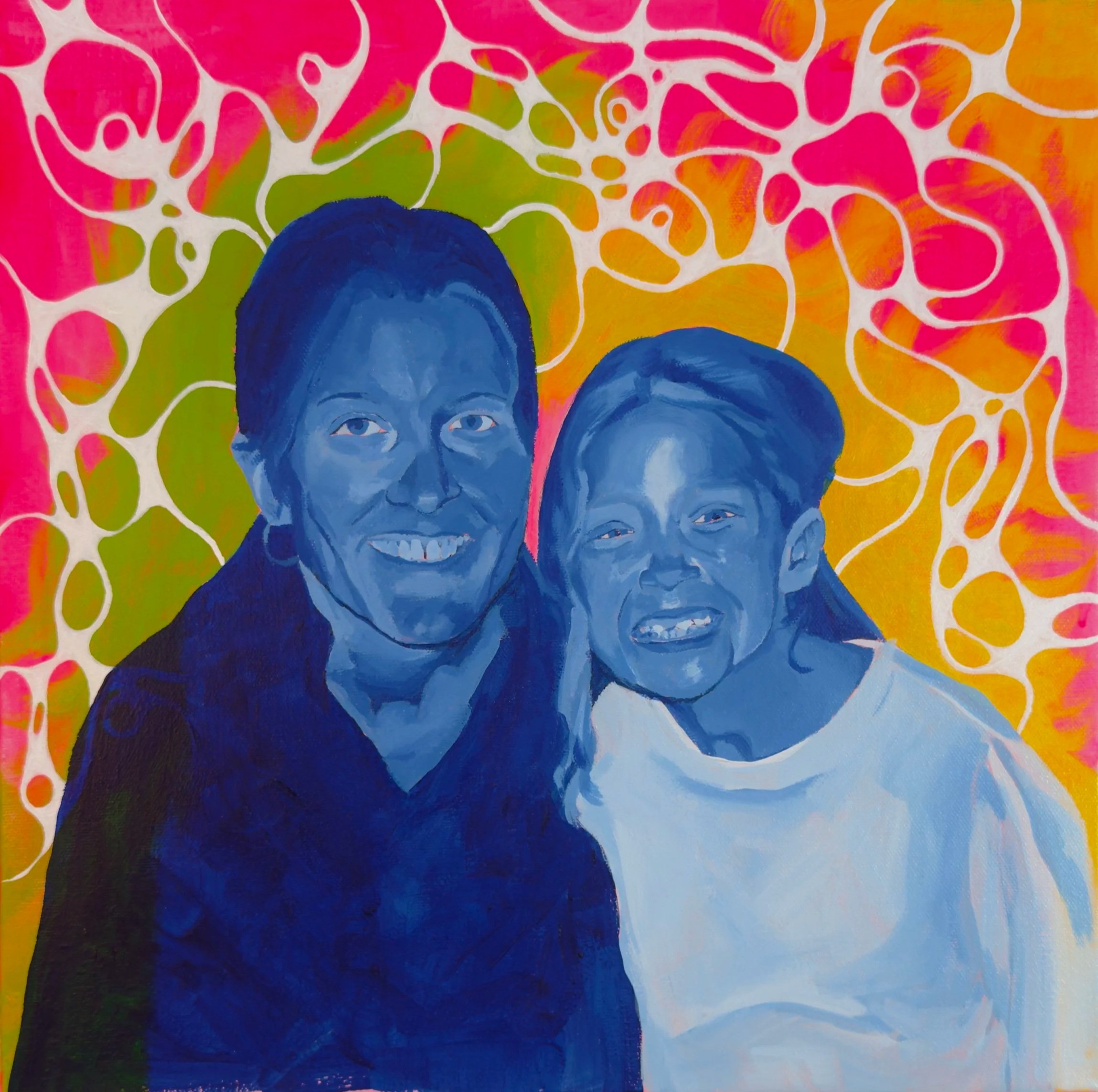 A painting of a woman and a young girl, both painted in shades of blue, smiling against a vibrant and colorful abstract background with pink, orange, green, and white patterns.