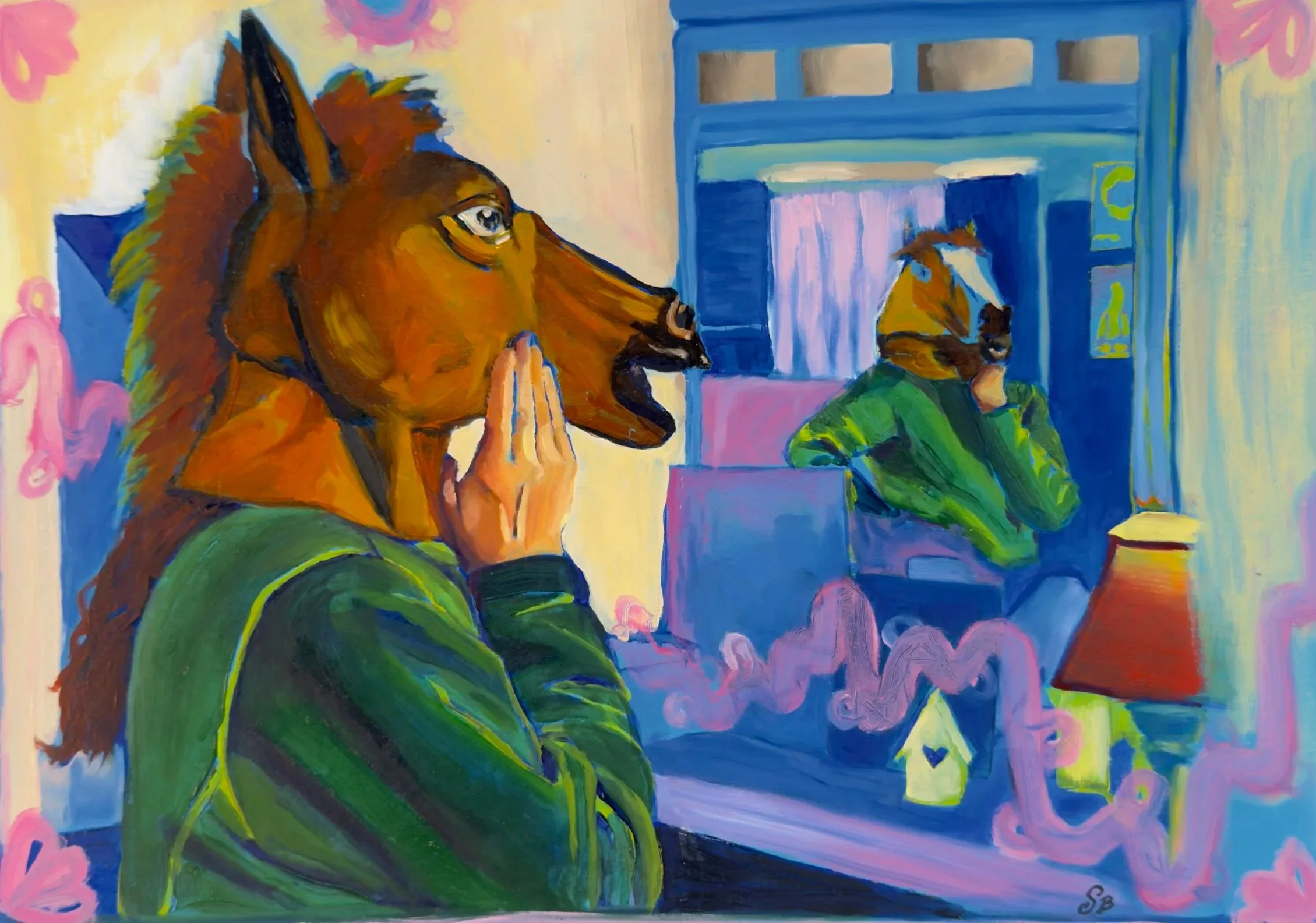 A colorful painting of a girl with a dog face, holding her hand to her mouth, looking into a mirror. The mirror reflects her face with a dog face, wearing a green jacket. The room has pink, blue, and yellow tones with a lampshade on the right and a p