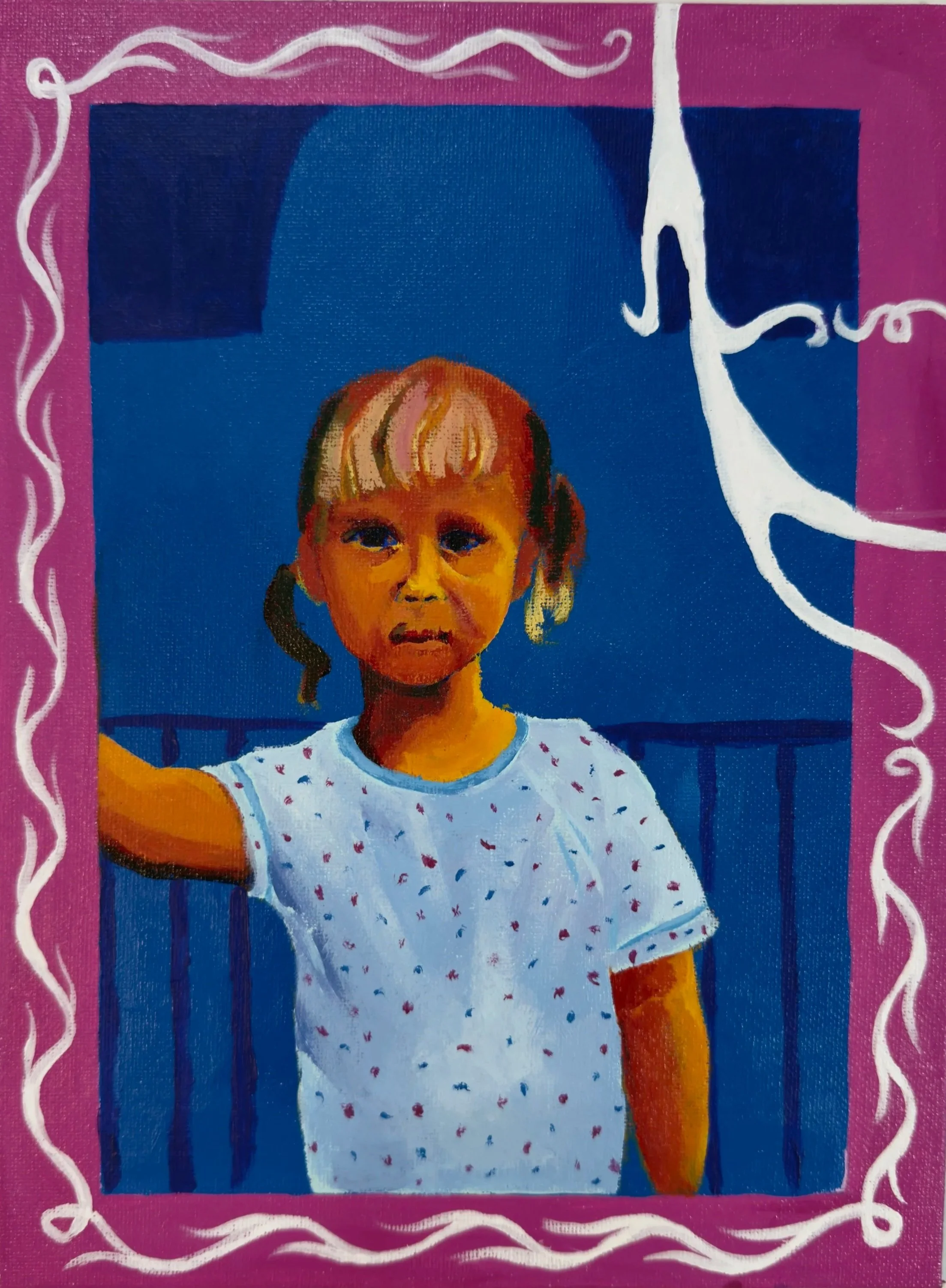 A colorful painting of a young girl with pigtails, wearing a white shirt with small red and blue patterns, standing in front of a blue background with a pink frame and white decorative borders.