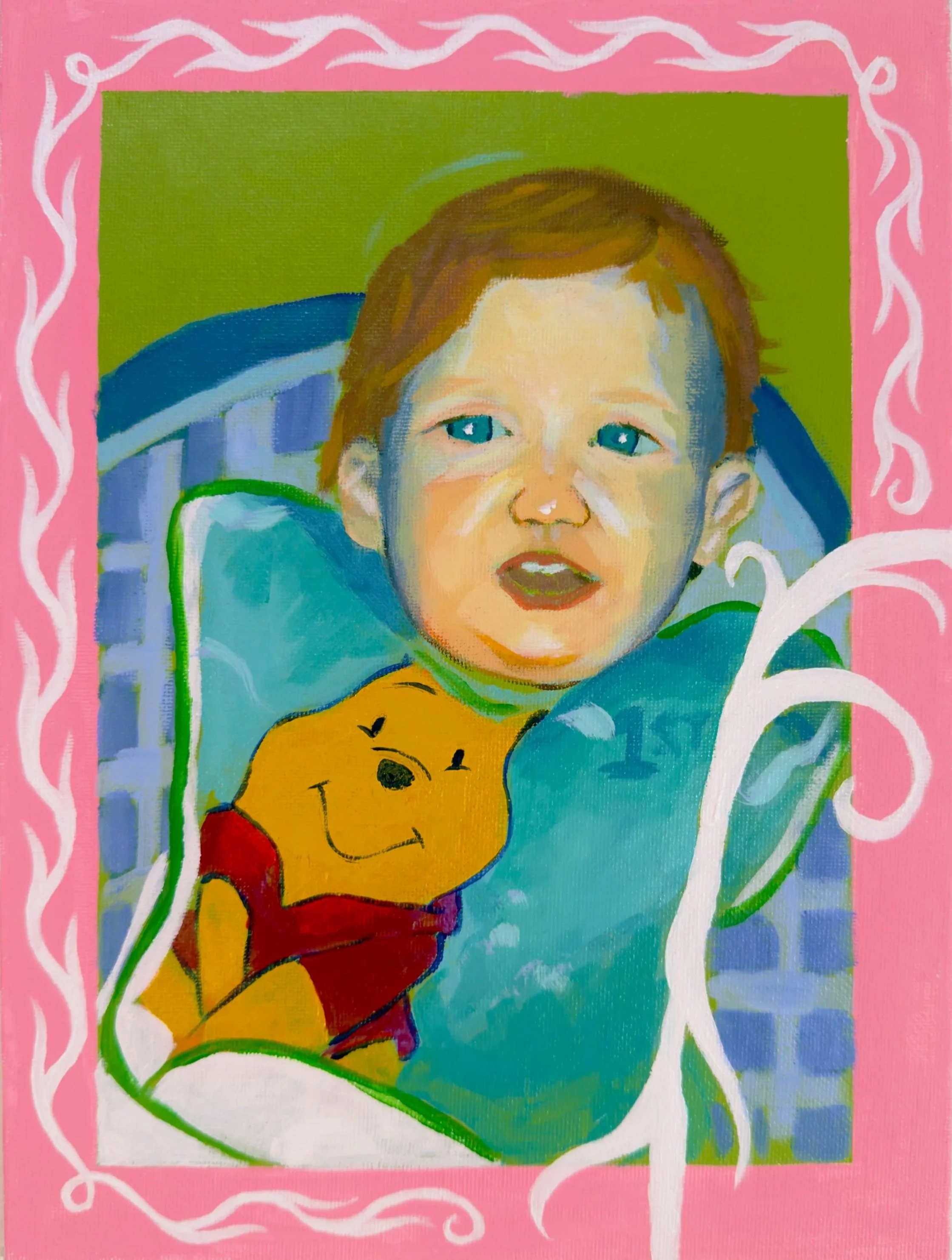 Painting of a young child with blue eyes and brown hair, sitting in a high chair with a Winnie the Pooh stuffed toy. The background is green, and the picture is framed with a pink border decorated with white swirls.