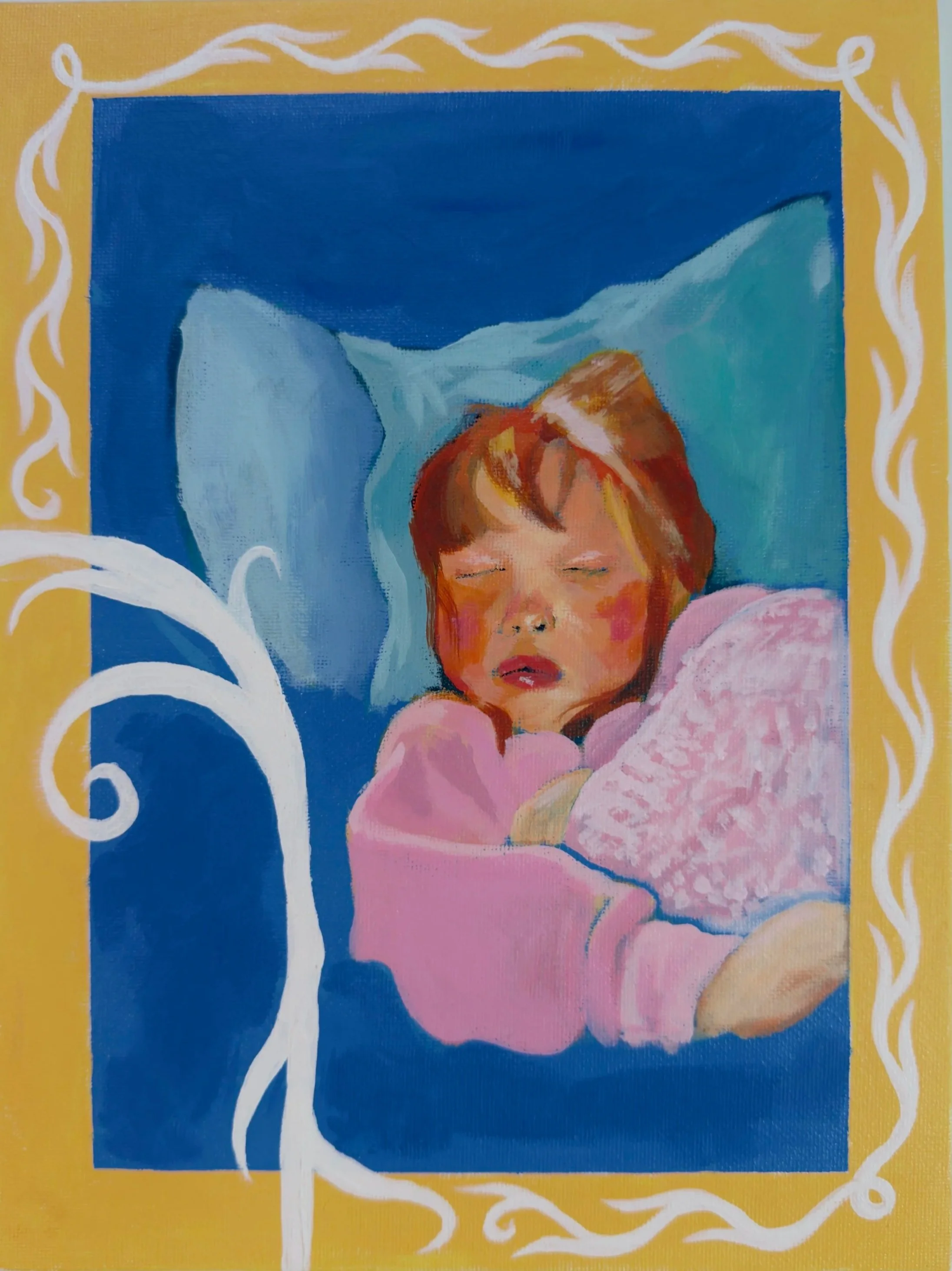 A painting of a sleeping child with closed eyes, wearing a pink outfit, lying on a blue pillow against a blue background, framed with a yellow border featuring white decorative swirls.