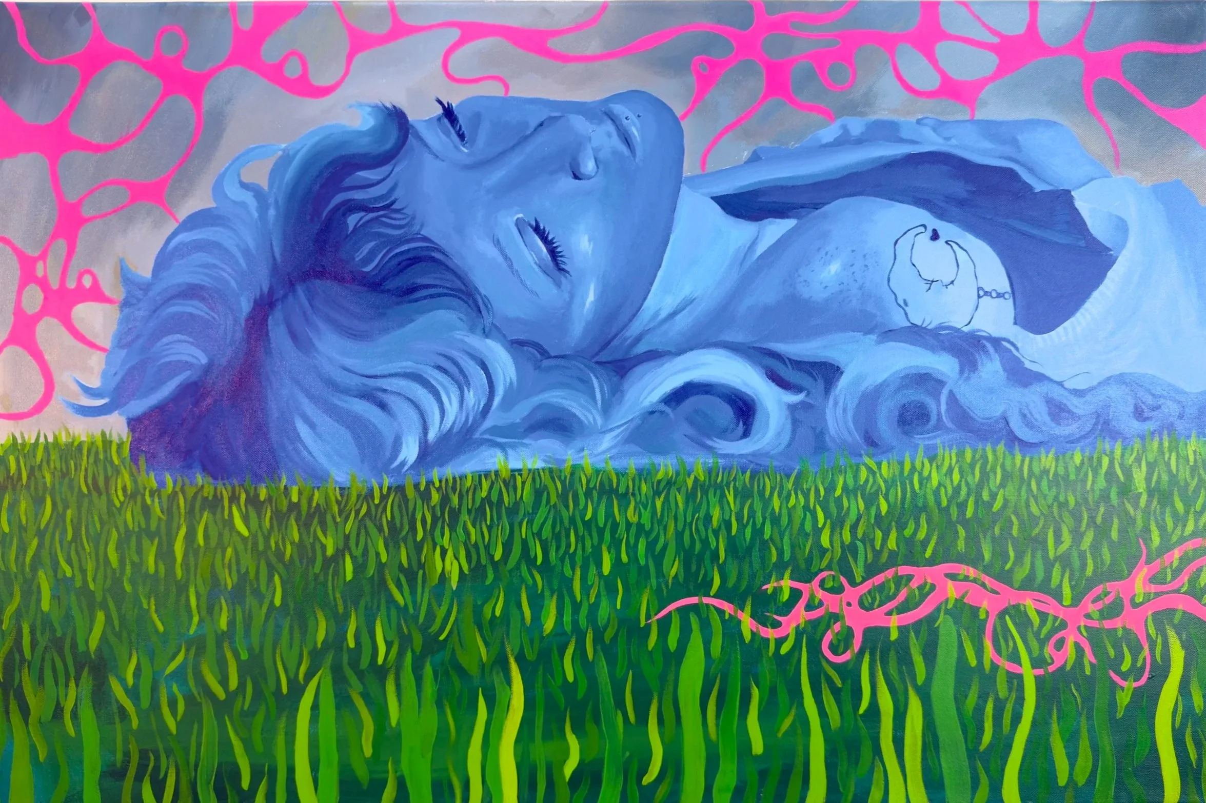 A painting of a blue woman with long, flowing hair lying on a grassy field, with closed eyes and a serene expression. Pink swirling lines surround her, and she appears to be holding a small object close to her chest.