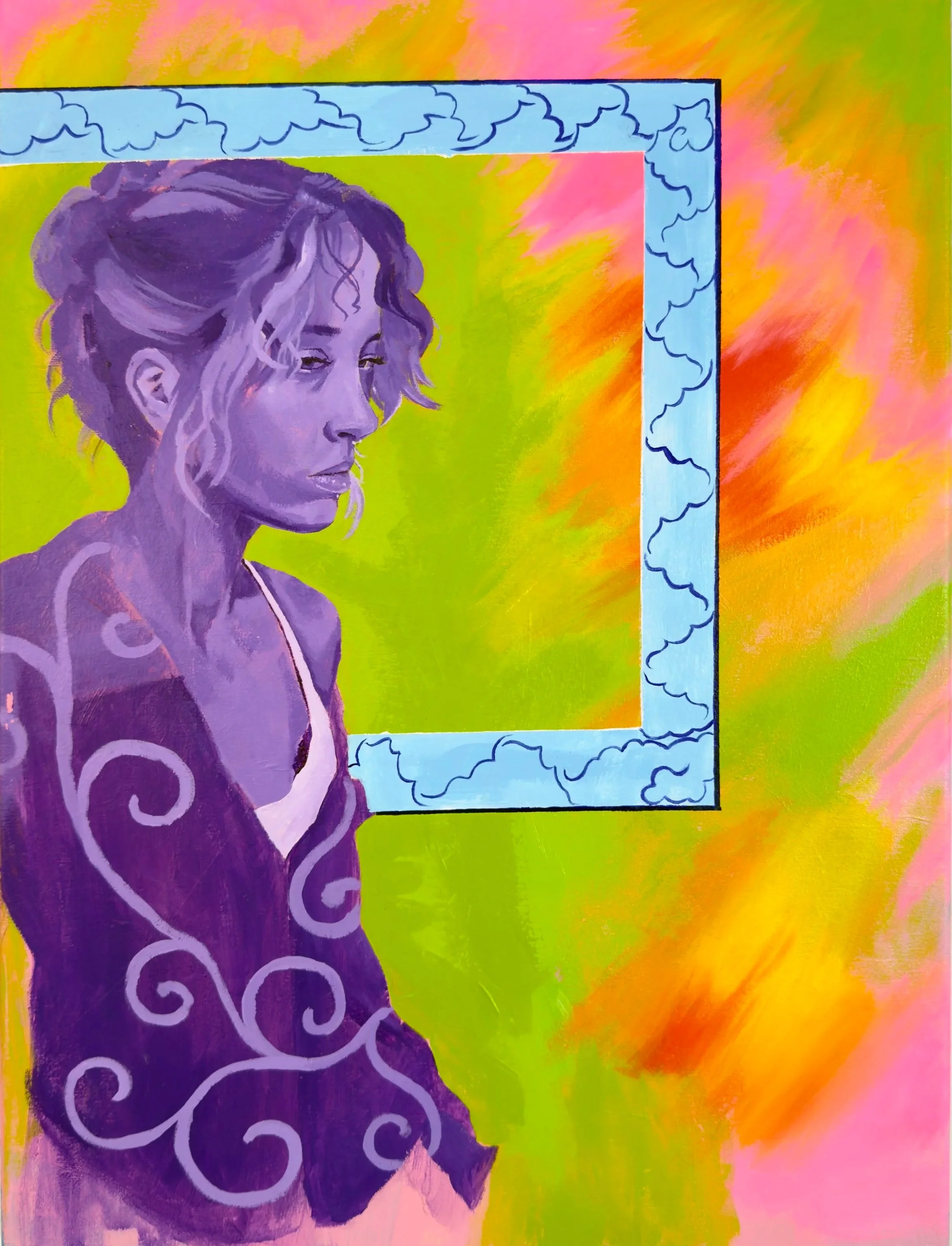 A purple-toned painting of a woman with curly hair and a contemplative expression, standing in front of a bright, colorful background with a painted frame and swirling cloud designs.