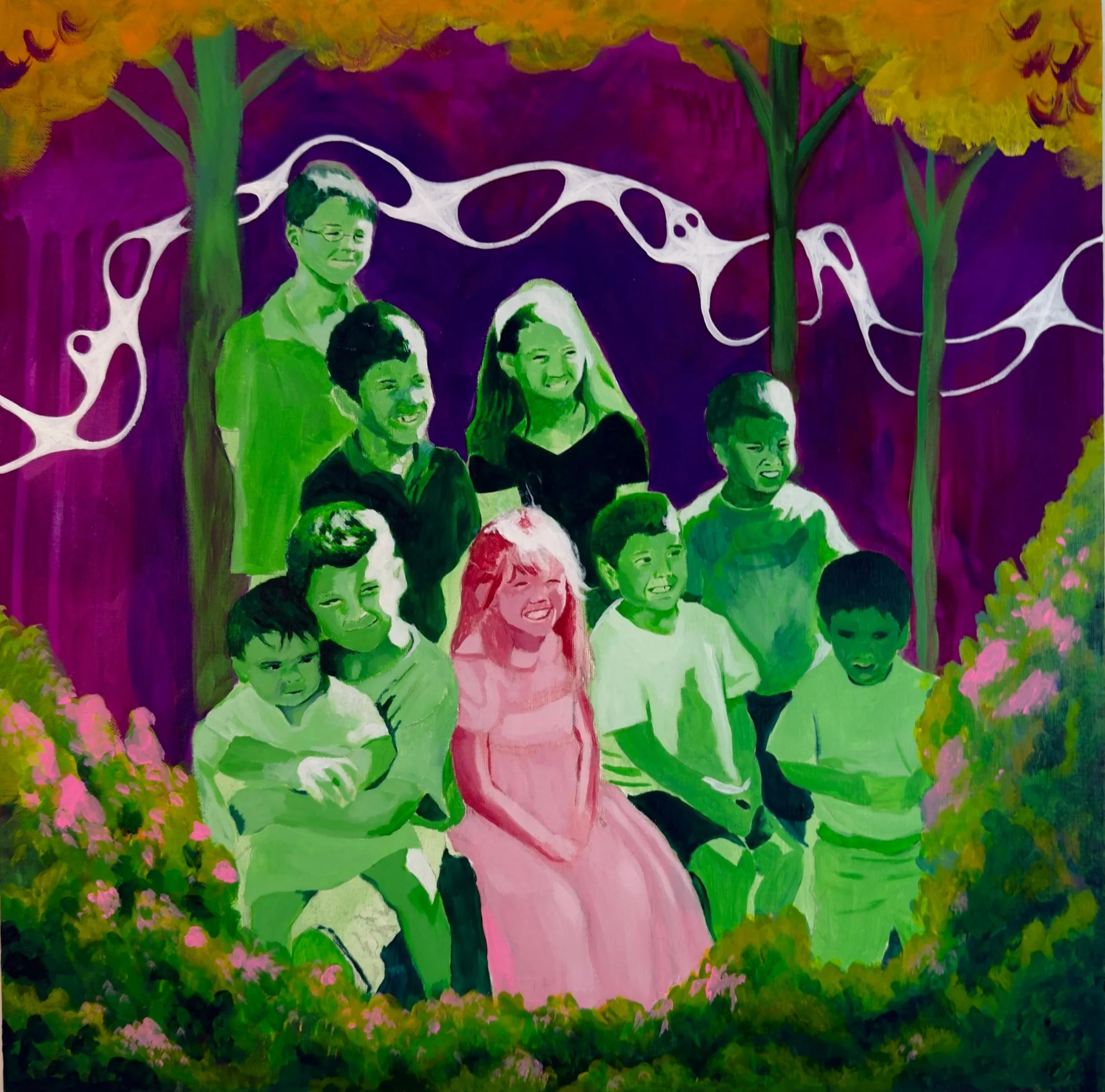 A colorful painting of a diverse group of children and two adults smiling, surrounded by trees, pink flowers, and abstract white shapes against a purple background.