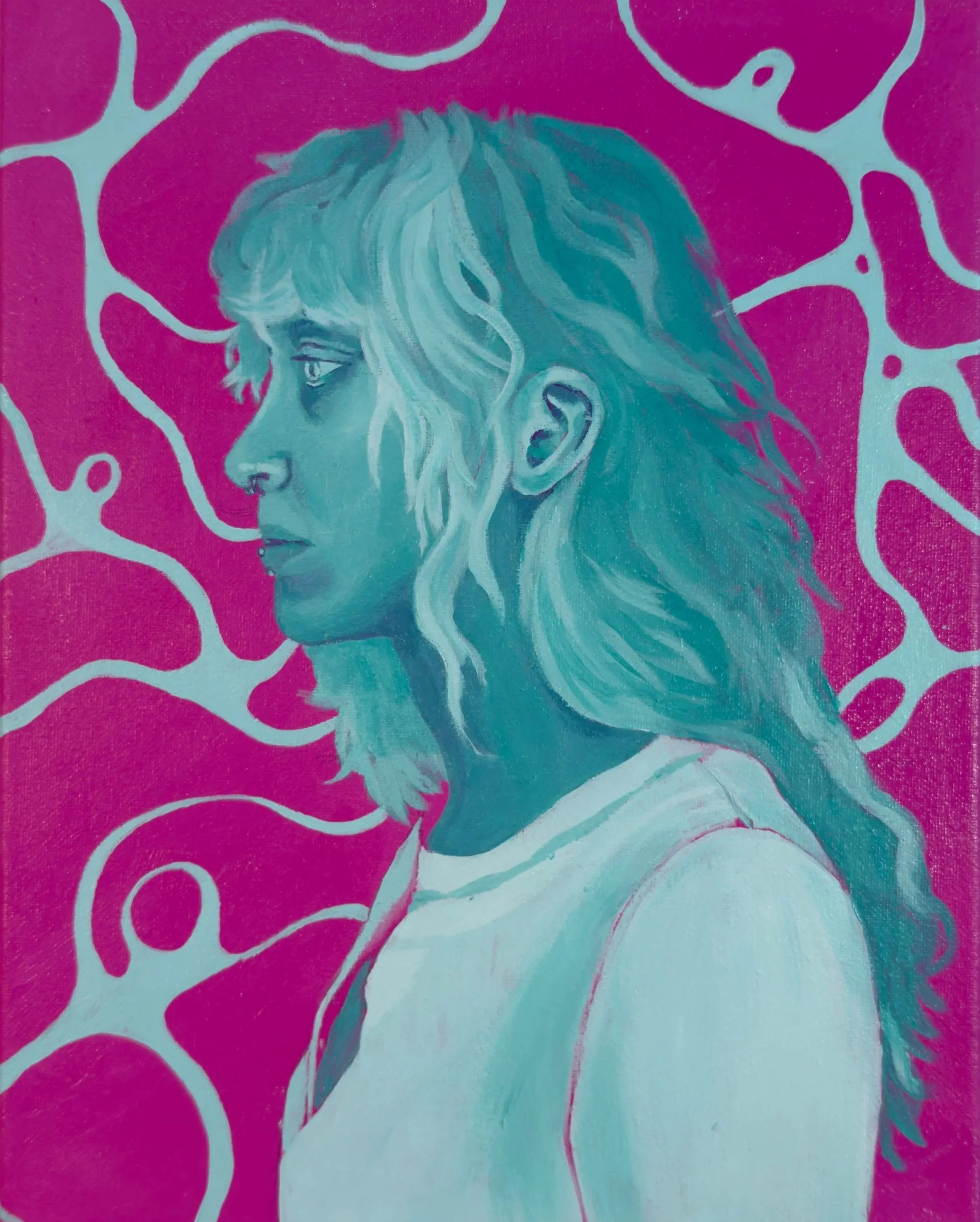 Street art painting of a person with long hair looking to the left, with a pink and teal abstract background.