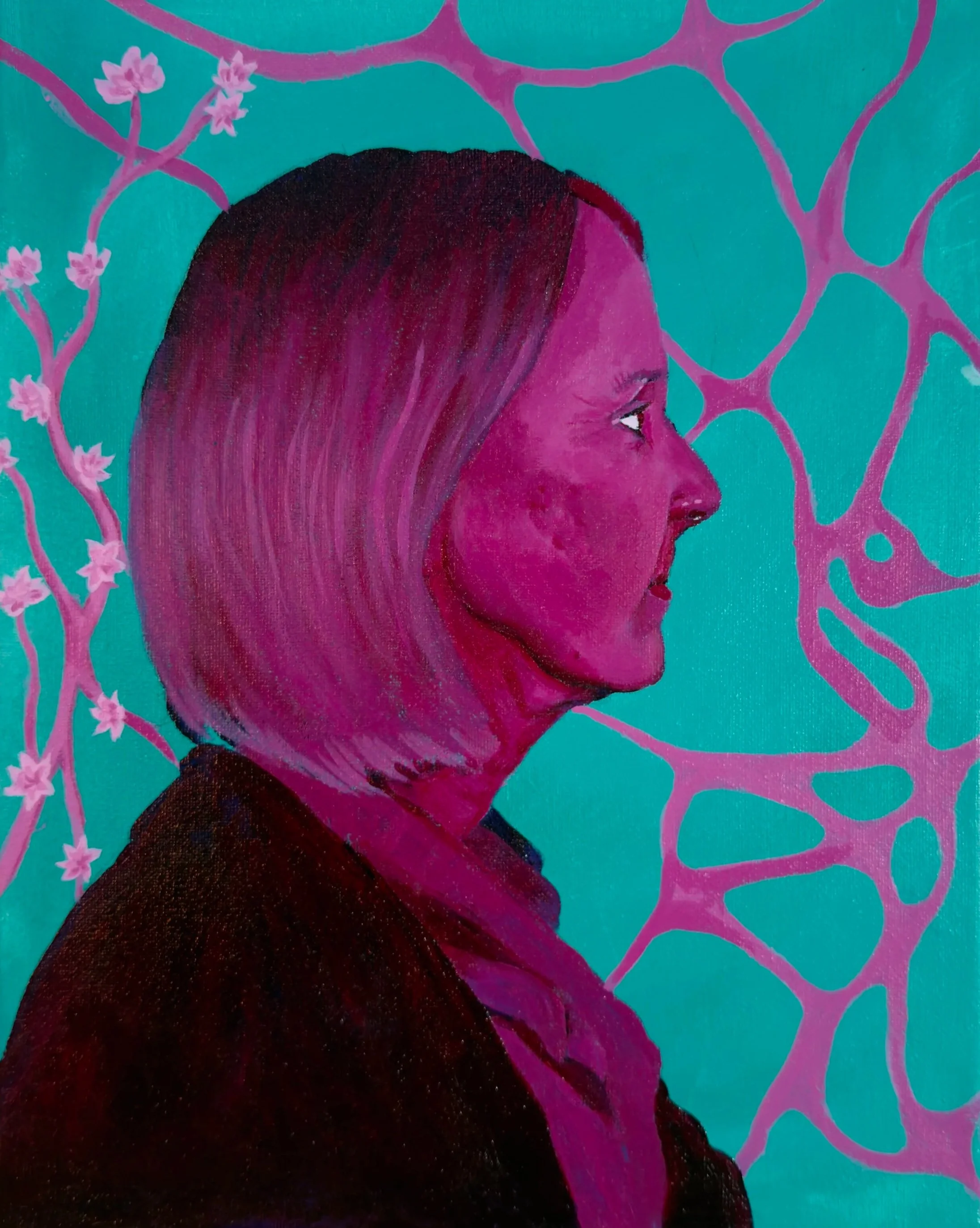 Side profile of a woman with pink skin and purple hair in front of a teal background with pink floral and organic shapes.