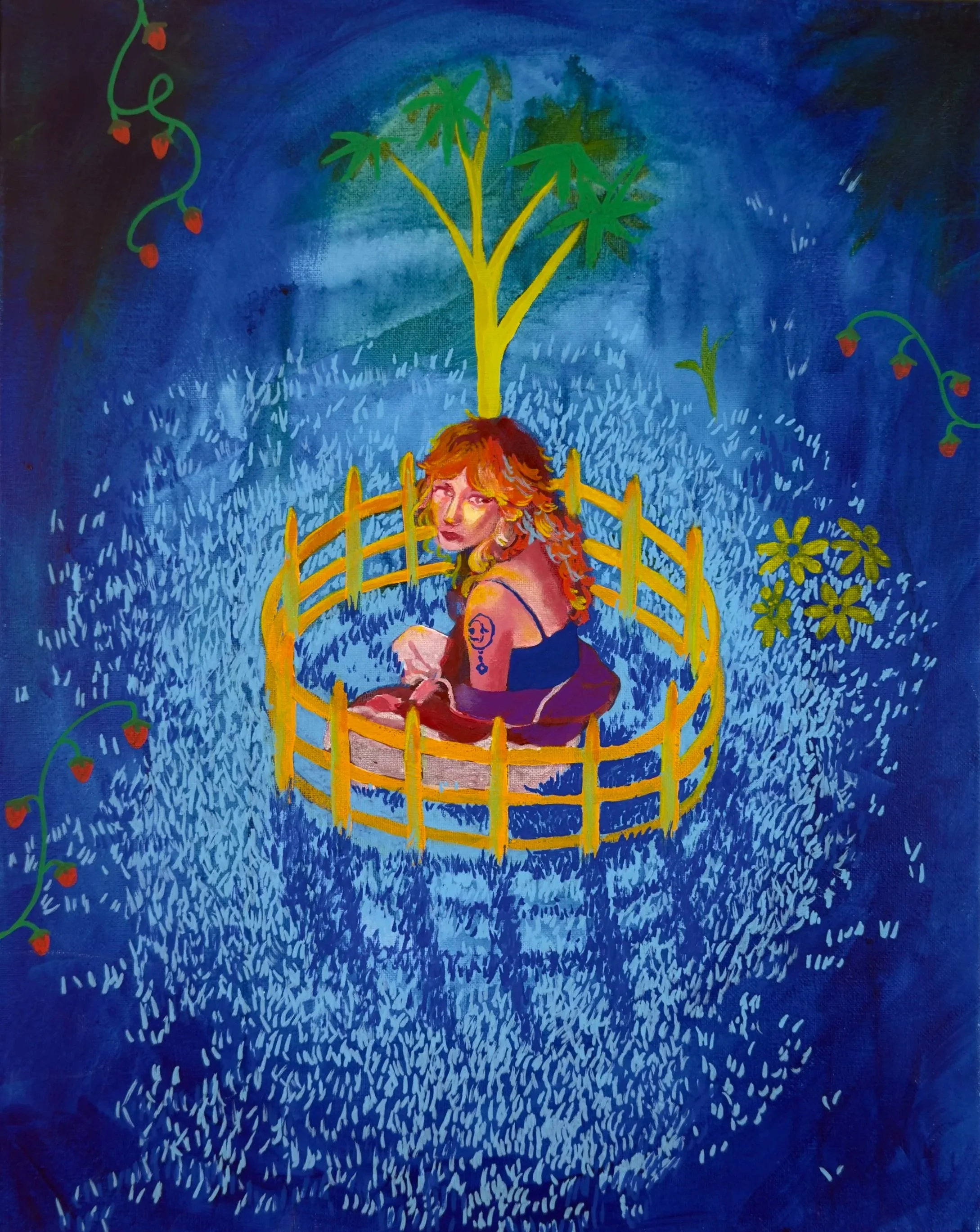 A woman with curly red hair and tattoos, sitting inside a small yellow fenced area, with a large leafy plant growing from her head, surrounded by blue foliage and flowers in a vibrant, painterly style.
