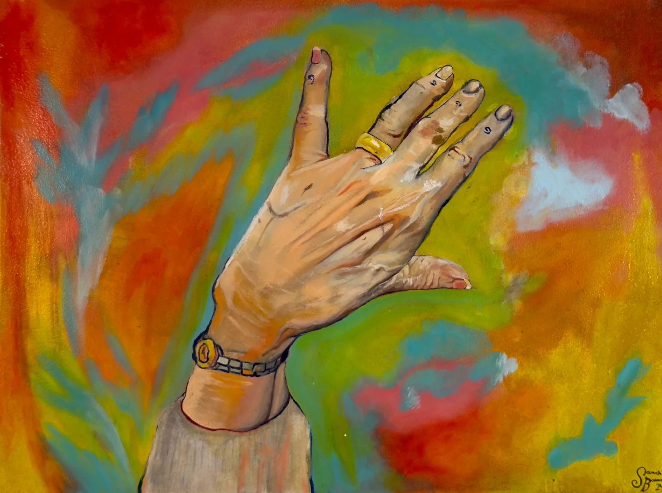 A colorful painting of a hand with a gold ring on the middle finger, wearing a watch, set against a vibrant, abstract background with swirling colors of green, orange, red, and blue.