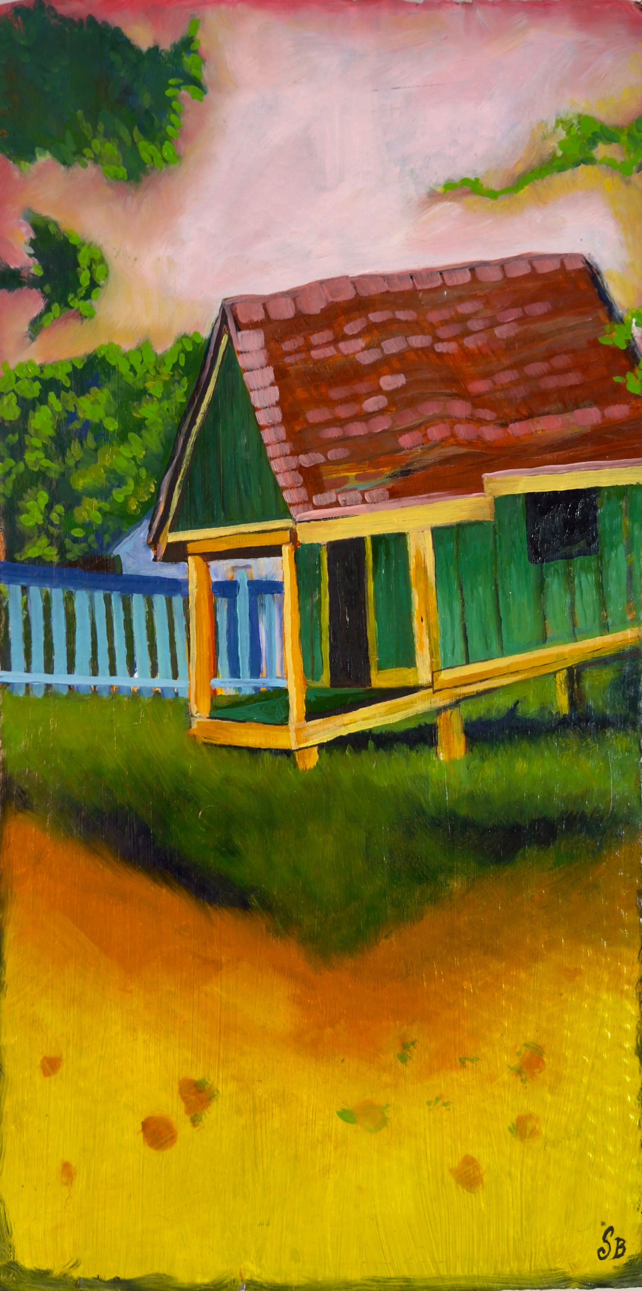 A colorful painting of a small house with a red-tiled roof, green walls, and a yellow trim, surrounded by green trees and a white picket fence, with a pinkish sky in the background.