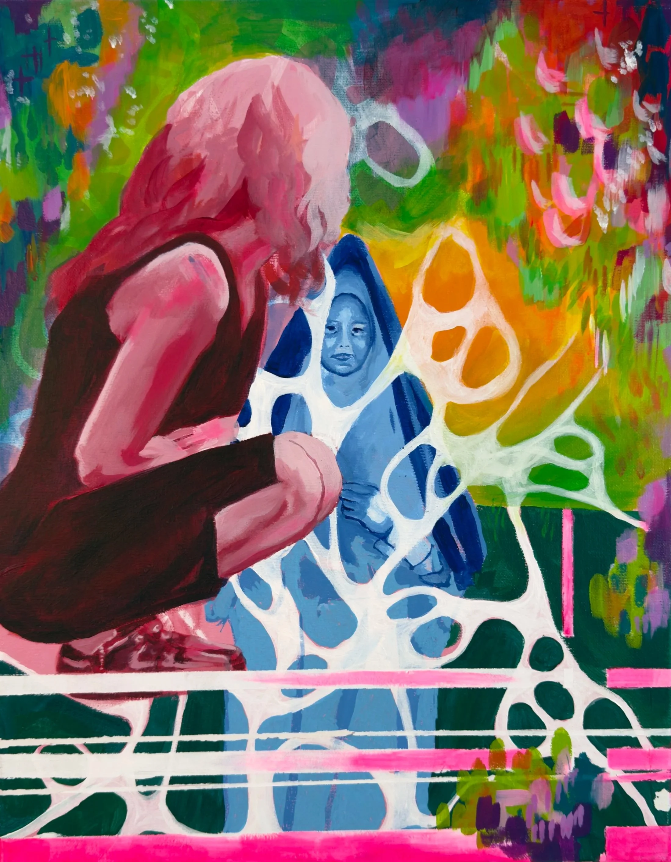 A colorful abstract painting of two women, one with red hair and the other with a blue face, surrounded by vibrant foliage and organic shapes.