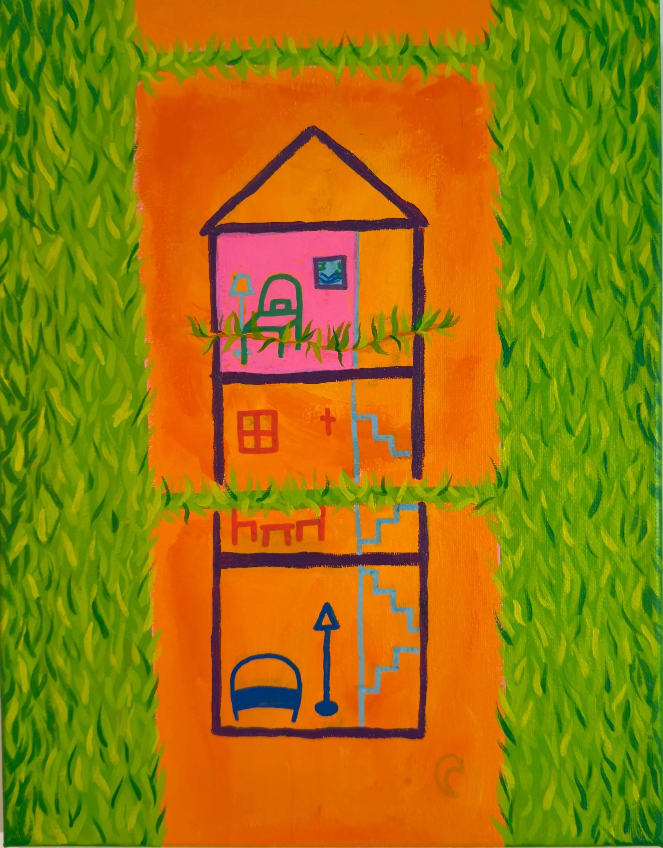 Colorful drawing of a house with three floors, each floor showing different elements such as windows, stairs, furniture, and decorative items, surrounded by green grass and an orange sky.