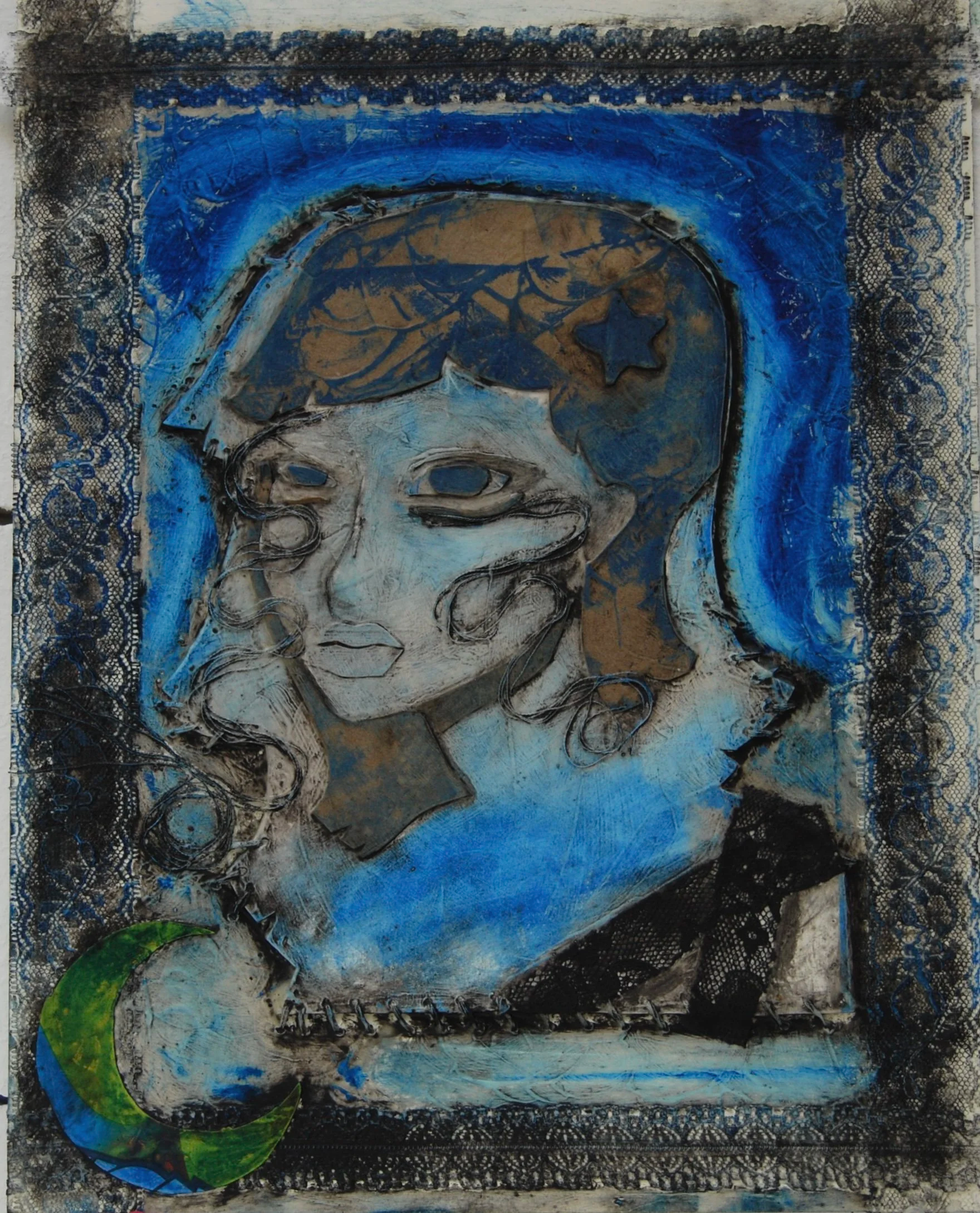 Mixed media artwork of a stylized woman's portrait with blue and neutral tones, lace border, star in hair, and green and blue crescent moon in the bottom left corner.