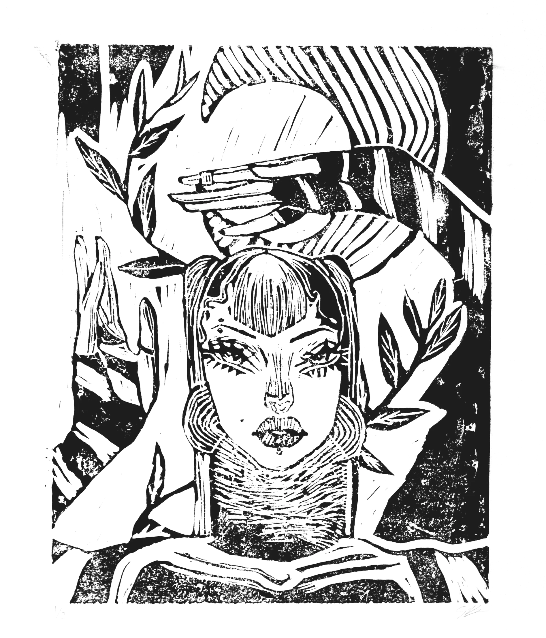 Black and white line art of a woman with short hair and large eyes holding her hands near her face, surrounded by leaves and abstract elements.