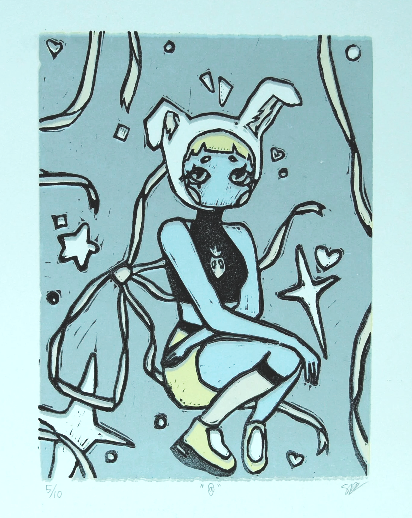 A stylized drawing of a person with light hair and tearful eyes wearing a bunny costume with ears, a black sleeveless top, and yellow shorts, surrounded by stars and hearts.