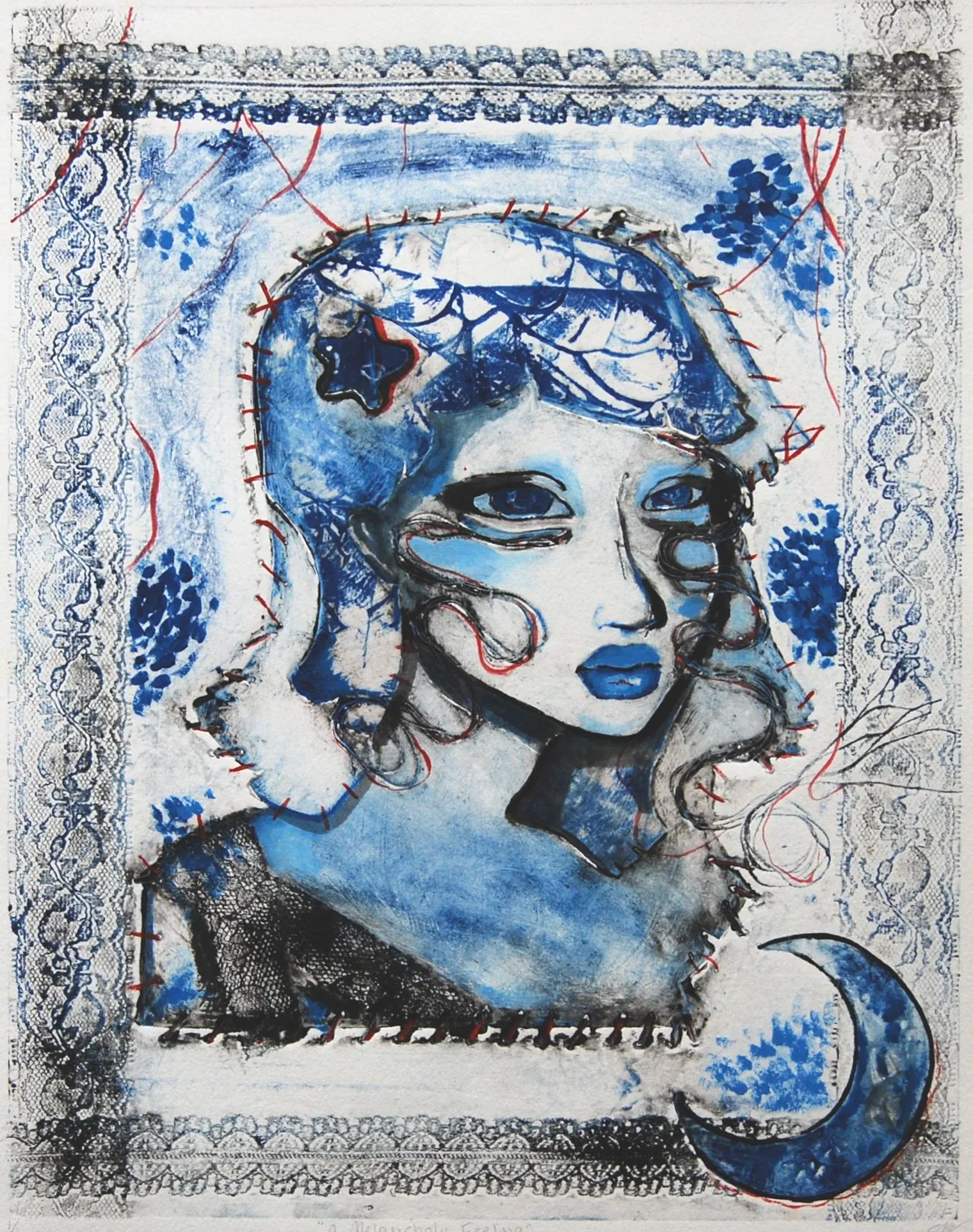 A mixed media artwork of a woman's face with blue lips and hair, surrounded by decorative patterns, stars, and a crescent moon, using a combination of black, blue, and red streaks and stitches.