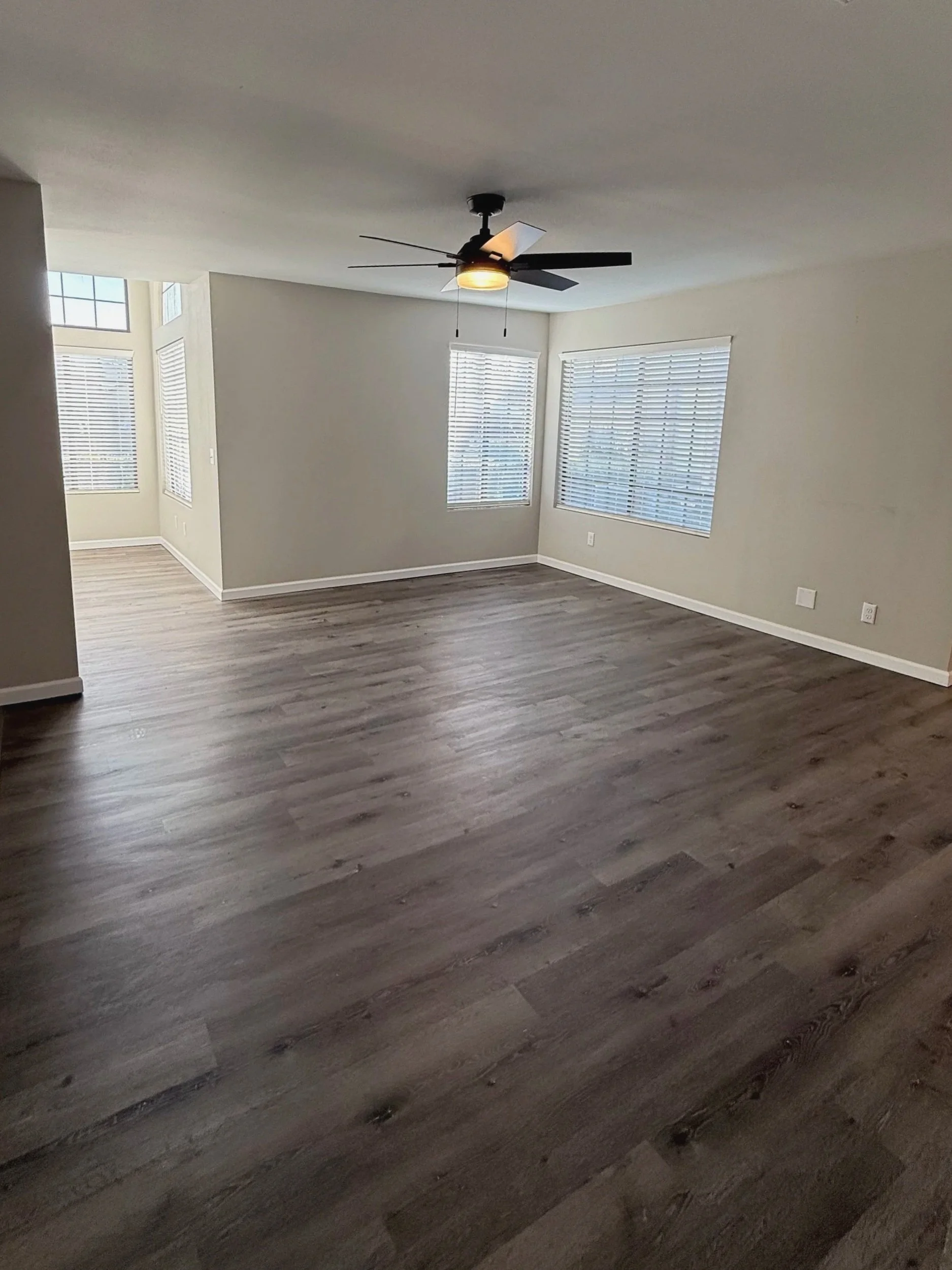 Spacious living room with wood-style flooring