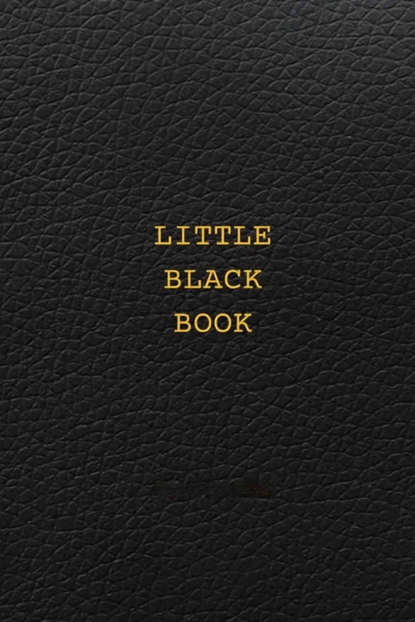 A close-up of a black textured cover of a small book with gold lettering that reads 'LITTLE BLACK BOOK'.