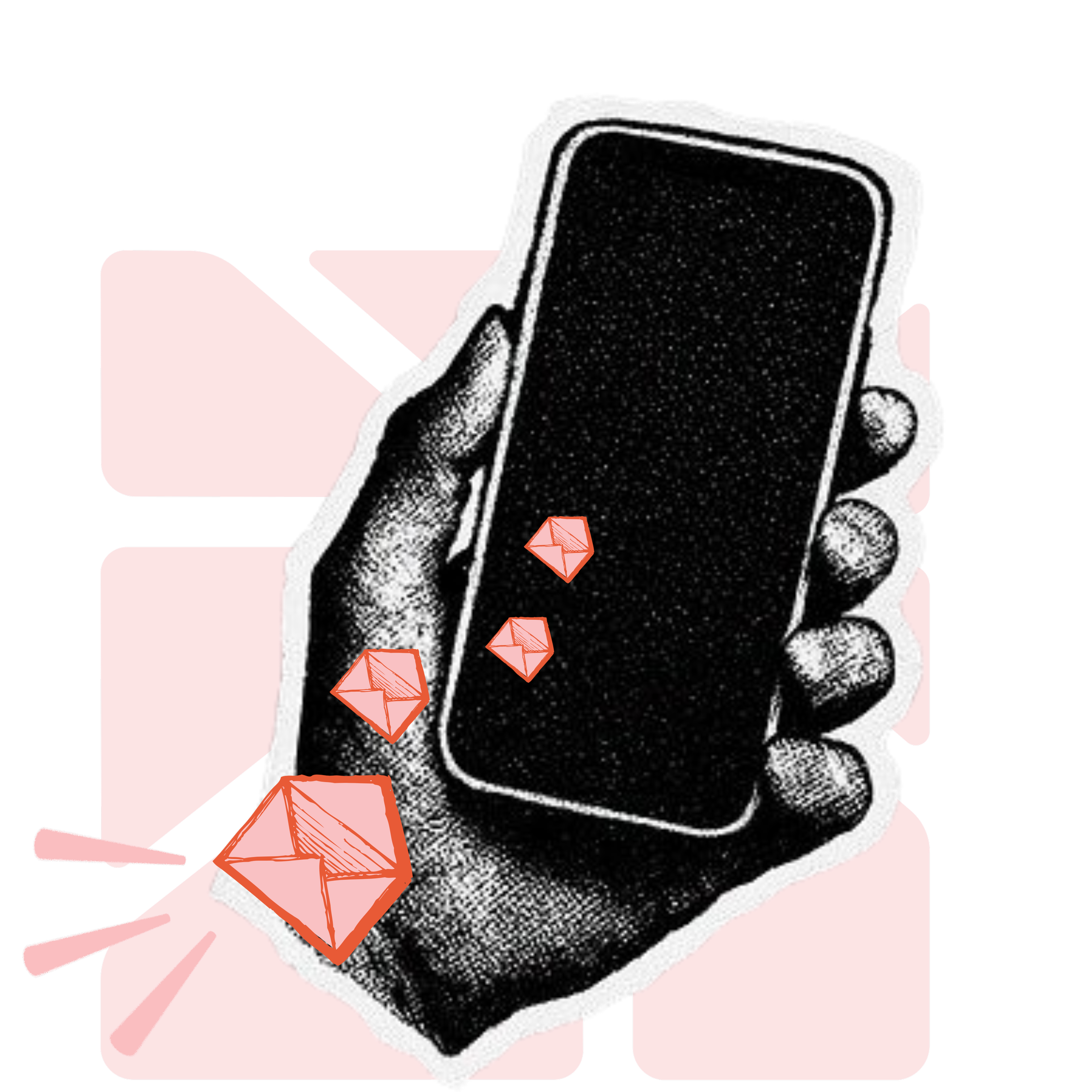 Illustration of a hand holding a smartphone with a pink background and stylized effects.