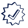 A blue badge or seal with a checkmark inside.