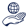 An open hand holding a globe with a grid pattern, representing global care or support.