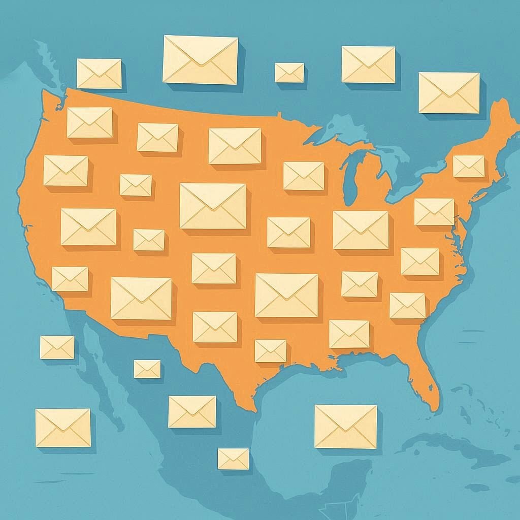 Map of the United States with numerous yellow envelopes overlaying the country and surrounding waters, representing email communication.
