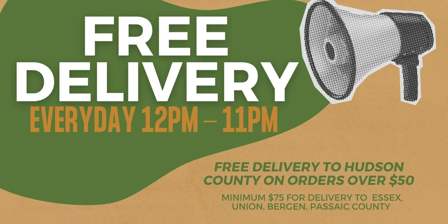 Poster advertising free daily delivery service from 12 PM to 11 PM, with free delivery to Hudson County on orders over $50, and a minimum order of $75 for delivery to Essex, Union, Bergen, and Passaic County. The poster features a black and white ill