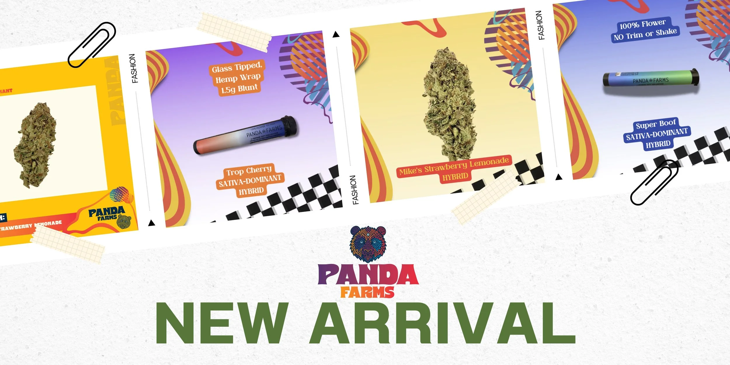 Display of three cannabis product packages from Panda Farms, with a yellow and purple background, promotional tape, and the text 'New Arrival' prominently shown.