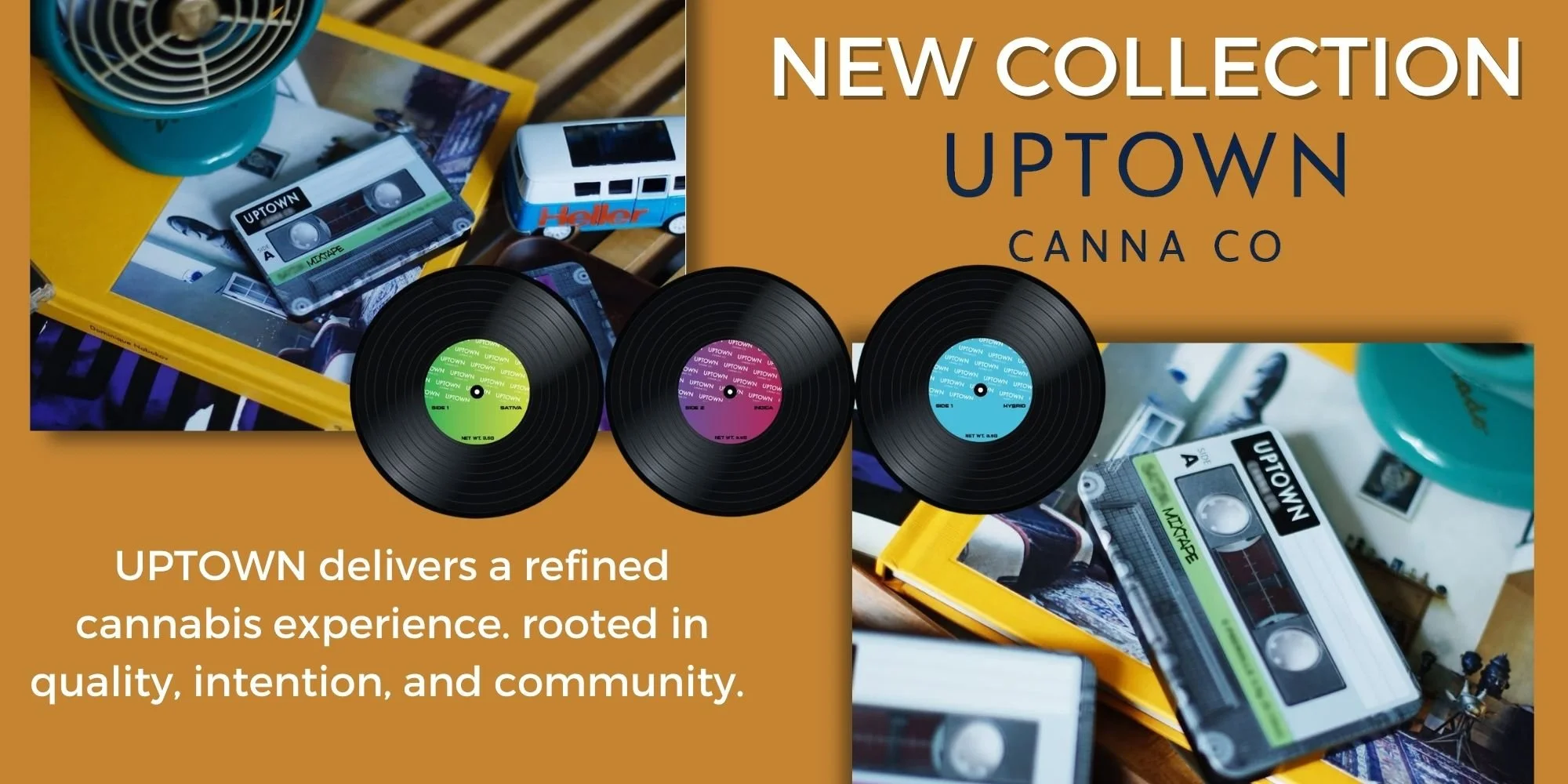 A promotional image for a new cannabis collection in Uptown Canna Co, featuring a yellow tray with vintage cassette tapes and a toy bus, alongside three black vinyl records with colorful labels, and text describing Uptown's cannabis experience.