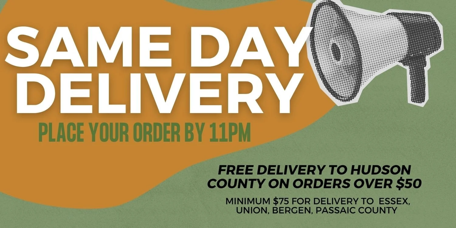 A promotional poster for same day delivery services, featuring bold white text and a megaphone illustration, with details about order times, delivery zones, and minimum order requirements.