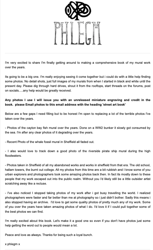 Phlegm Is Looking For Photos Of His Mural Work