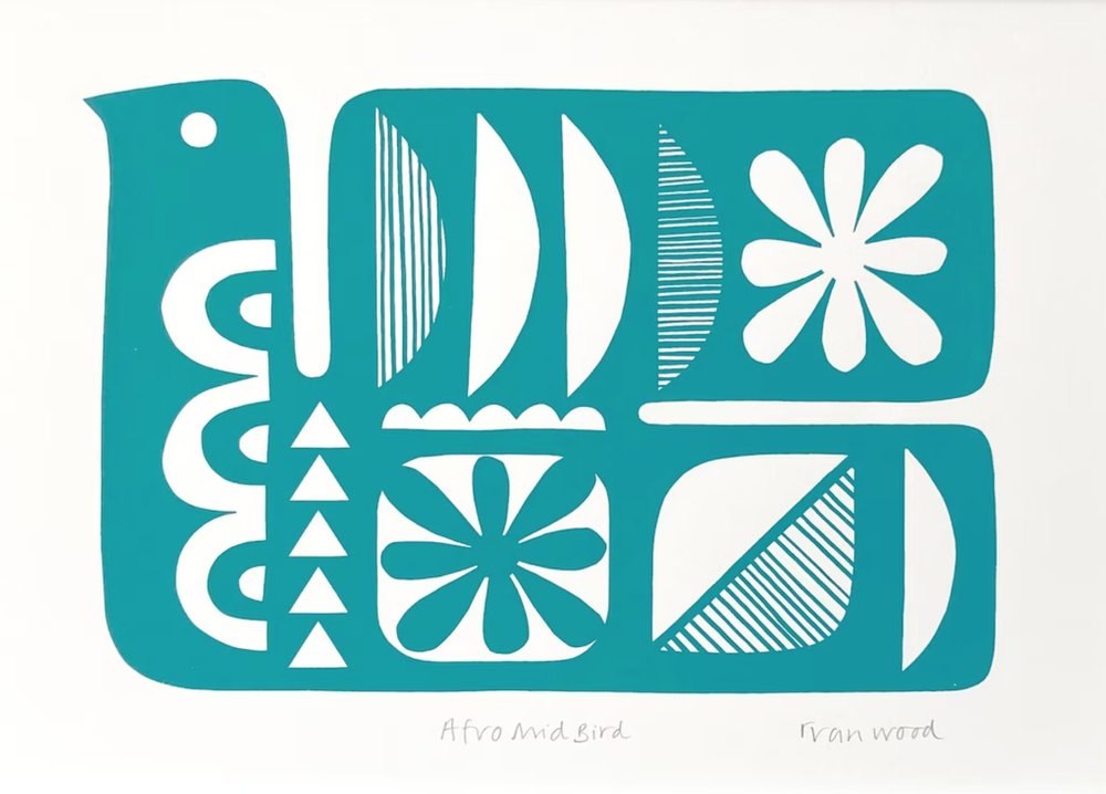 Frances Wood 'Afro Mid Bird' Teal Print Available