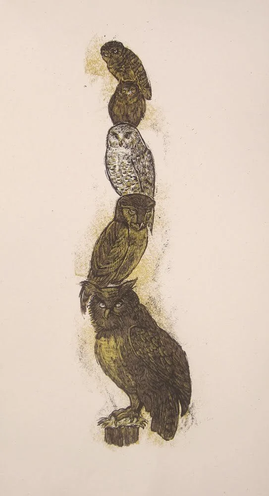 Dan Grzeca '5 Owl Totem' or '5 Owl Pile Up' Print Available