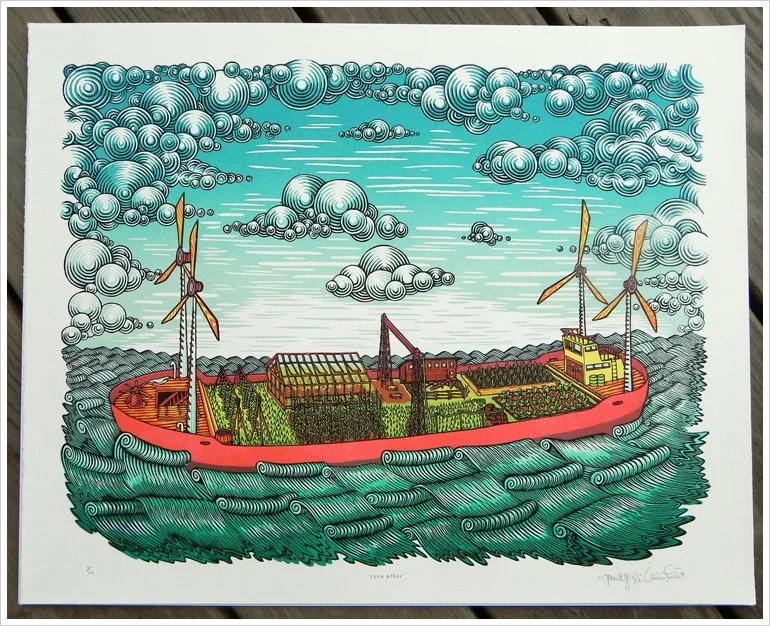 Tugboat Print Shop 'Farm Barge' Wood Cut Print Available