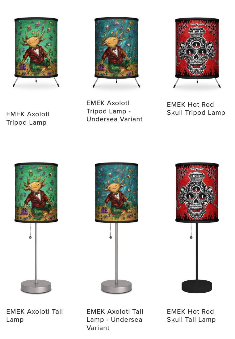 EMEK 'Axolotl' + 'Hot Rod Skull' Lamps Available