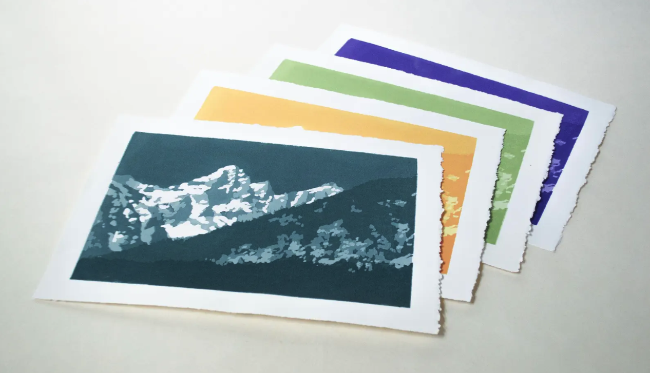 Mountain Landscape (Teal, Olive, Yellow or Purple) Prints Available 